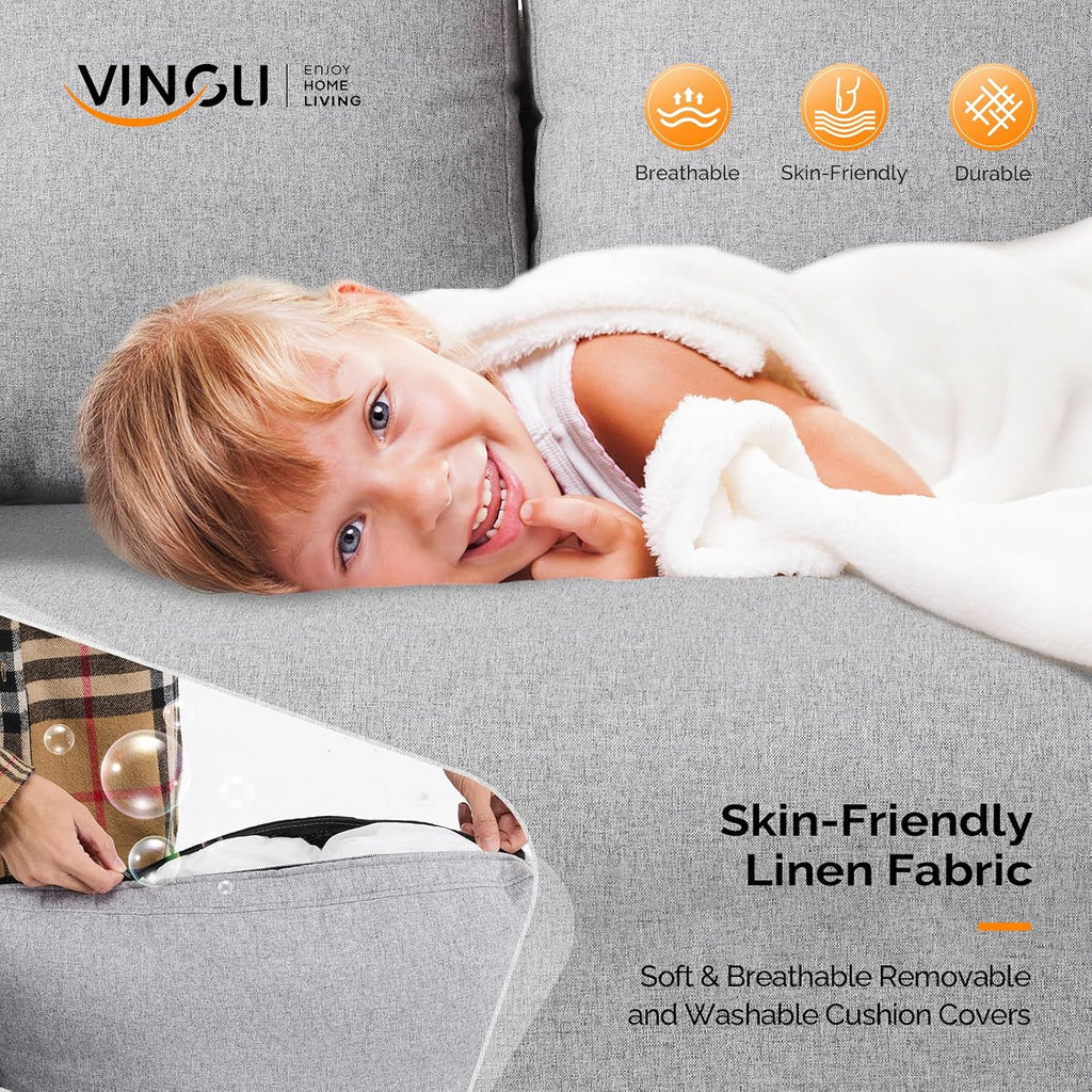 VINGLI 47' Small Couch, Linen Loveseat Sofa Light Grey Mini Couch Mid Century Modern Decor Love Seat for Small Spaces Living Room, Bedroom, Play Room
