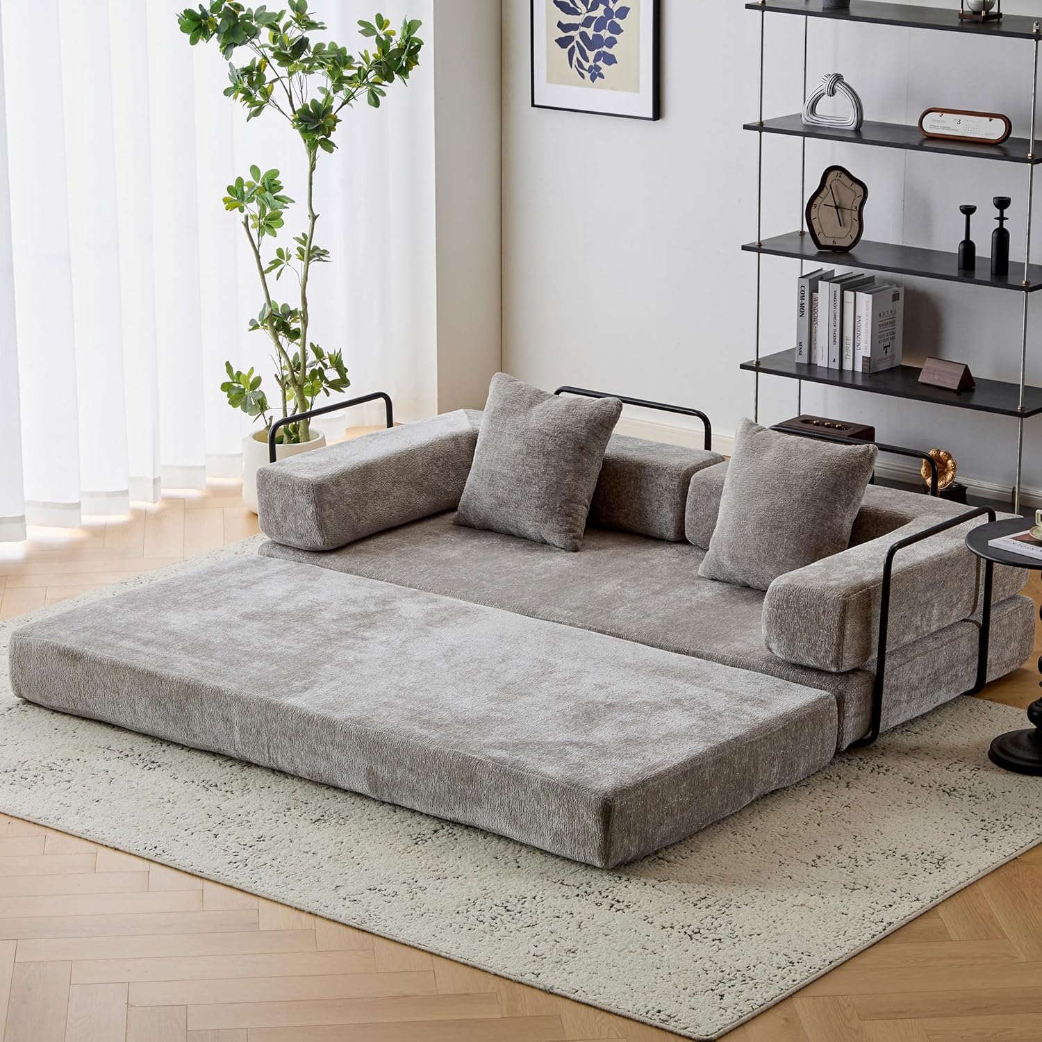 ZEIINPA Convertible Floor Sofa Bed with Fixed-Shape Frame, Modular Chenille Folding Mattress Couch with Armrest, Floor Sofa Lounge Couch for Living Room Bedroom Lounge Studio,Light Grey