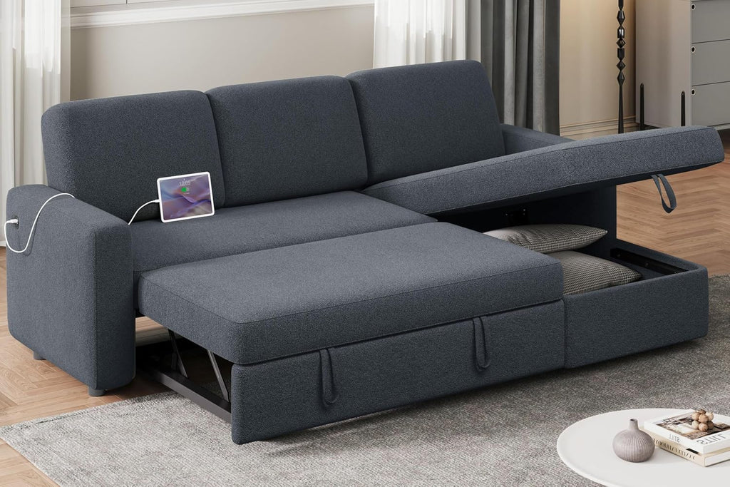 Yaheetech Sectional Sofa L-Shaped Sofa Couch Bed w/Chaise & USB, Reversible Couch Sleeper w/Pull Out Bed & Storage Space Living Room Dark Gray