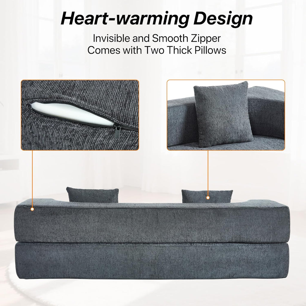 HENGJIANYI Folding Sofa Bed, Convertible Futon Sleeper Bed, 2-in-1 Foldable Floor Mattress with 2 Pillows, Breathable High-Density Foam Lazy Couch, Twin Size Comfy Lounge Chair, Dark Gray
