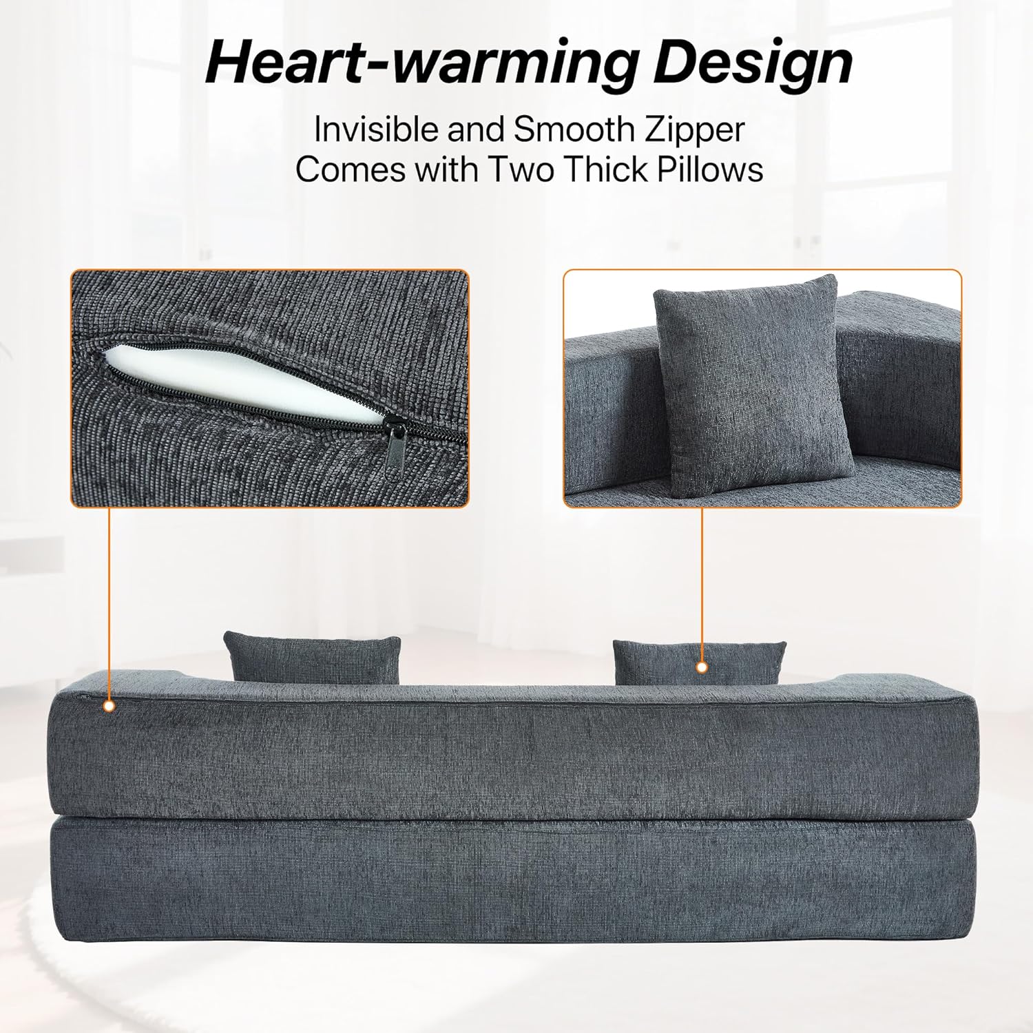 HENGJIANYI Folding Sofa Bed, Convertible Futon Sleeper Bed, 2-in-1 Foldable Floor Mattress with 2 Pillows, Breathable High-Density Foam Lazy Couch, Twin Size Comfy Lounge Chair, Dark Gray