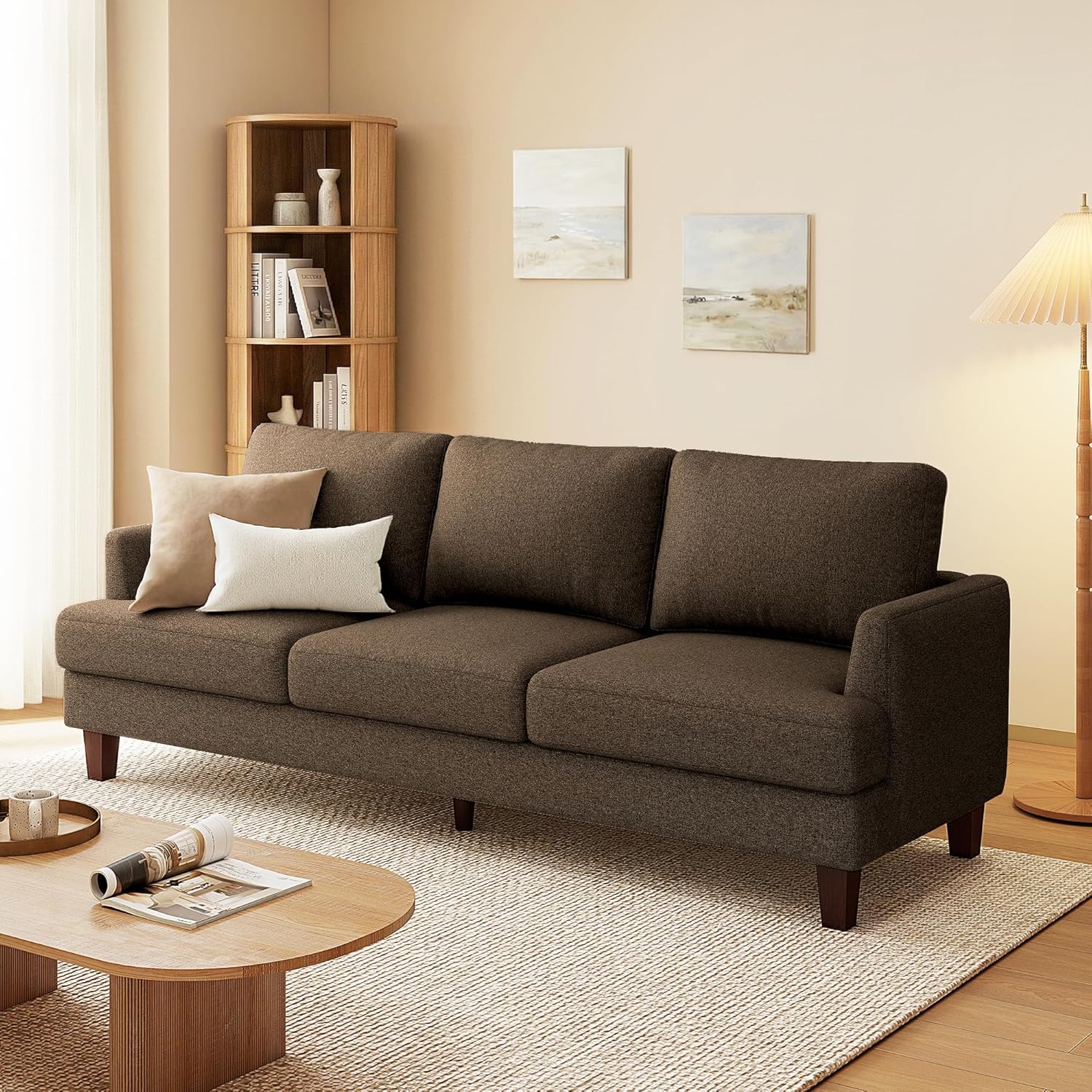 Gericco Mid Century Modern Couches for Living Room, 89' Comfy Brown Couch Sofa with 3-Seater Deep Seats, Upholstered Sofas for Living Room, Office Apartment, Bedroom