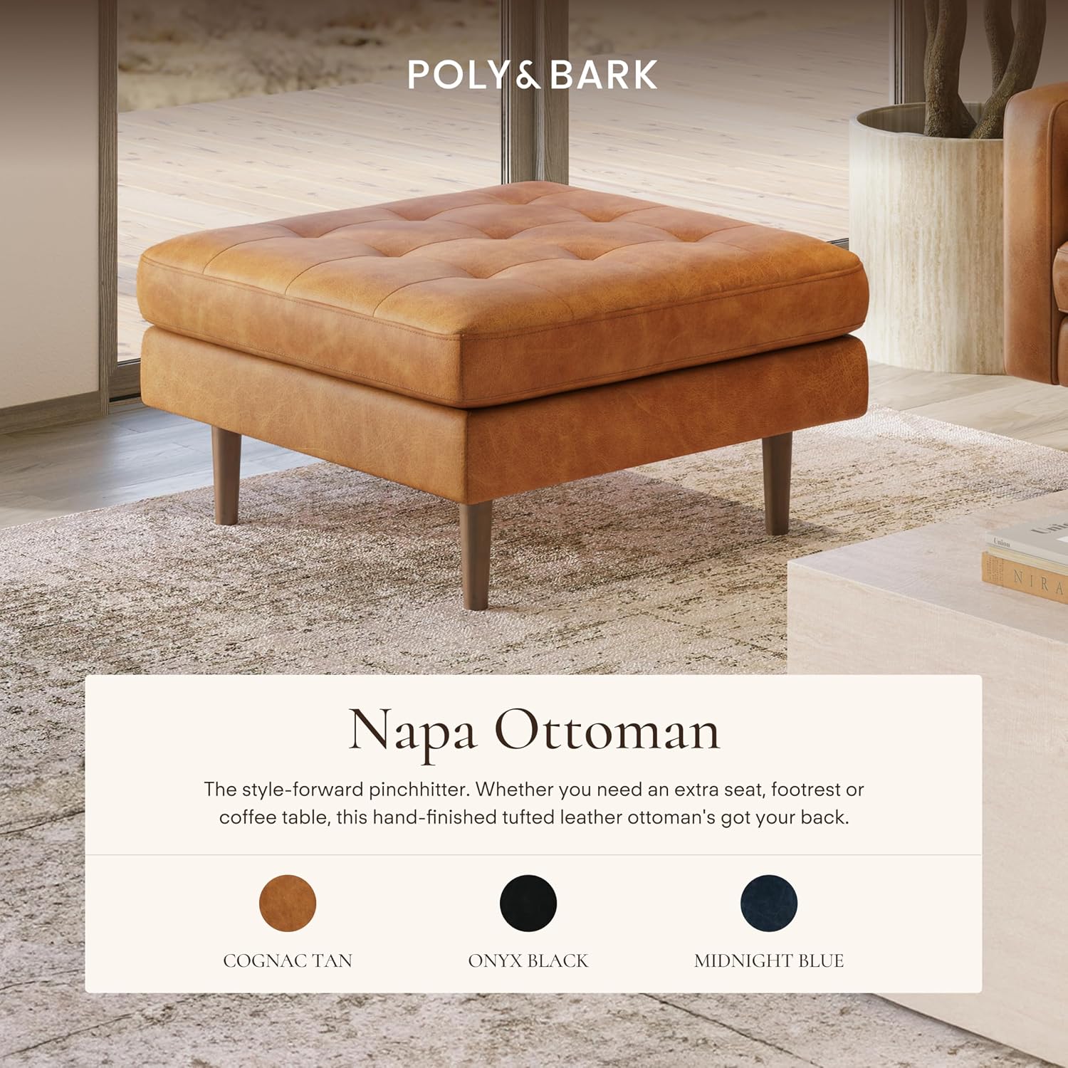 Poly & BARK Napa Ottoman - Full-Grain Leather Upholstered Ottoman with Feather-Down Topper - Couch for Living Room - Vintage Italian Leather in Cognac Tan
