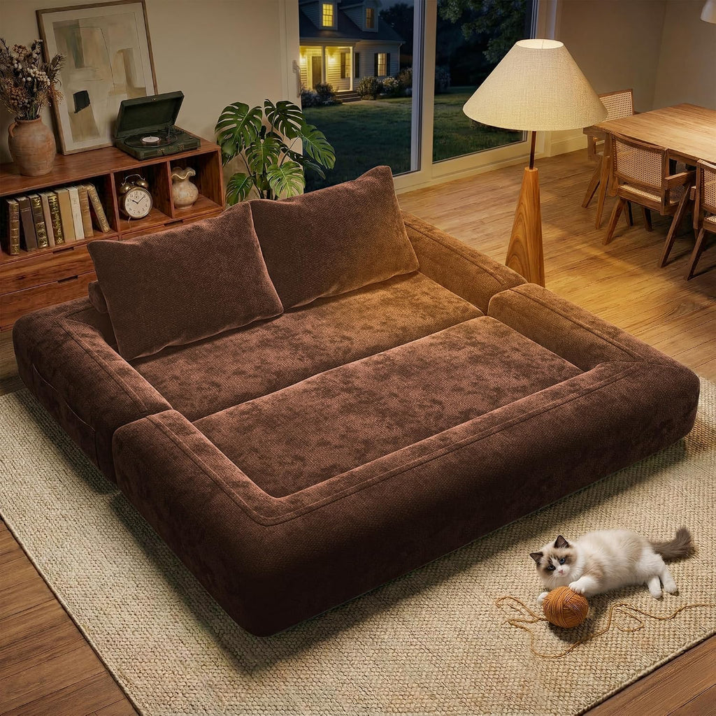 75'' Folding Convertible Sofa Bed with Large Pillow, 4-in-1 Foldable Pull Out Futon Sofa Bed, Chenille Boneless Mattress Couch, No Assembly Floor Sleeper Sofa Bed for Living Room/Bedroom, Caramel