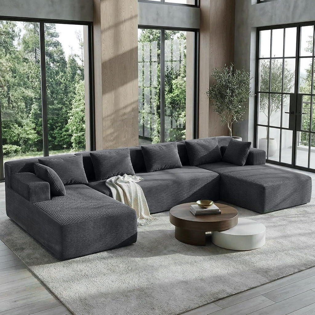 MONVANE 141' U Shaped Cloud Sectional Couch with Chaise Lounge, Modular Sectional Sofa with Removable Armrests, Comfy Corduroy Boneless Couches for Living Room, No Assembly Required, Grey
