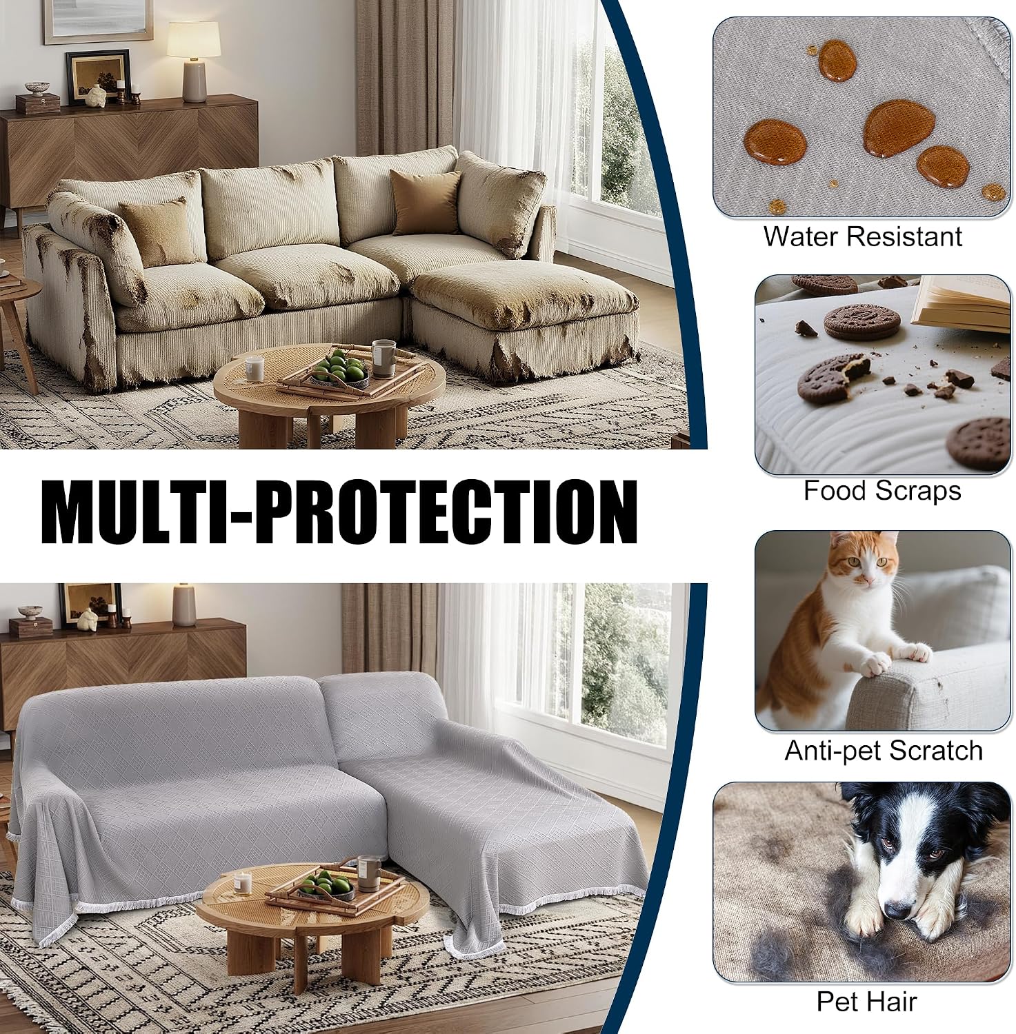 Waterproof L Shaped Sectional Couch Covers Blanket 2 Piece Sectional Sofa Cover Washable L Shape Sofa Slipcover Jacquard Quilted Furniture Protector for Dogs Pets Cats (XX-Large, Ash Gray)