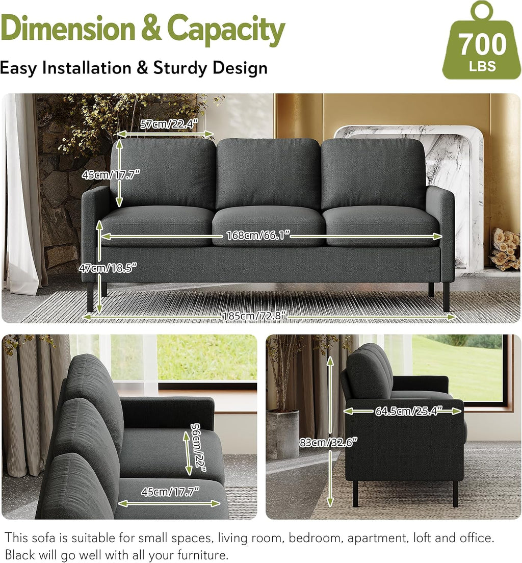 STHOUYN 72' W 3 Seater Couch with 2 USB, Comfy Grey Couch with 2 Pockets, Living Room Sofas with Reinforced Steel Frame, Cheap Sofas for Small Spaces, Dorm, Bedroom