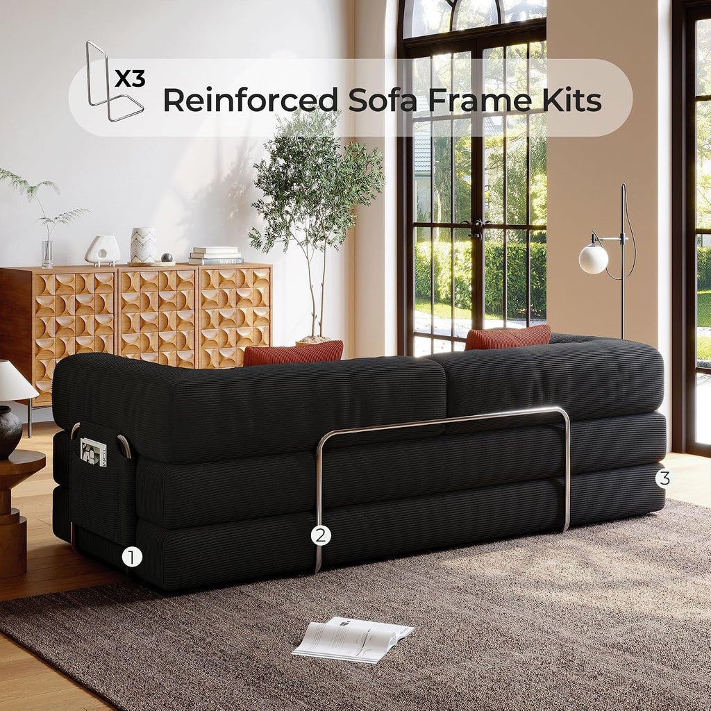 5-in-1 Folding Convertible Sofa Bed, Loveseat Sleeper with Pull-Out Bed, Floor Sofa Modular Futon Couch, 79' Oversized Corduroy Upholstered Boneless Couch for Living Room, Bedroom, Lounge, Grey-A