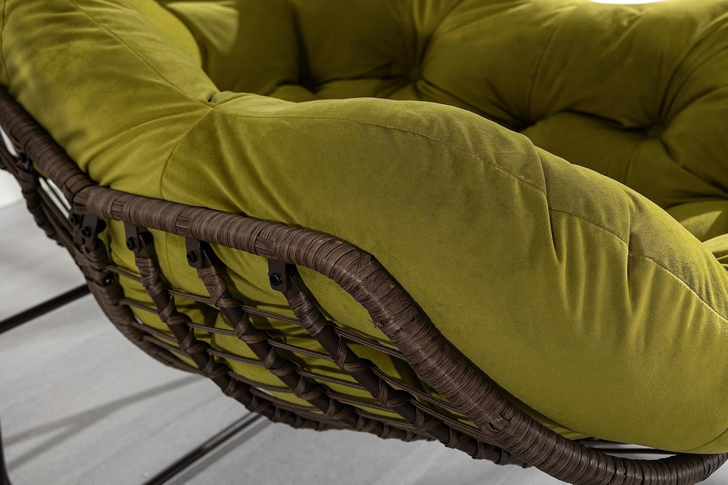Oversized Indoor Outdoor Rocking Papasan Chair, Rattan Wicker Egg Rocking Chair with Steel Frame & Thick Olefin Cushion, Comfy Recliner Lounger for Patio, Backyard, Balcony, Garden,Olive Green