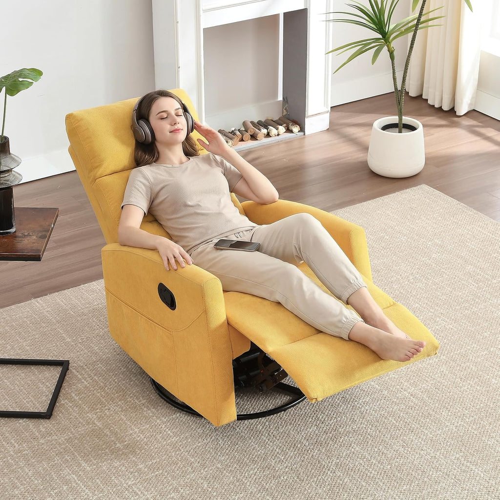 PELUMY Manual Recliner Chair, 360° Swivel Glider and Rocker Recliner with 155° Recline, Compact Fabric Recliner for Small Space, Nursery, Living Room, Bedroom, No Tools Assembly (Yellow)