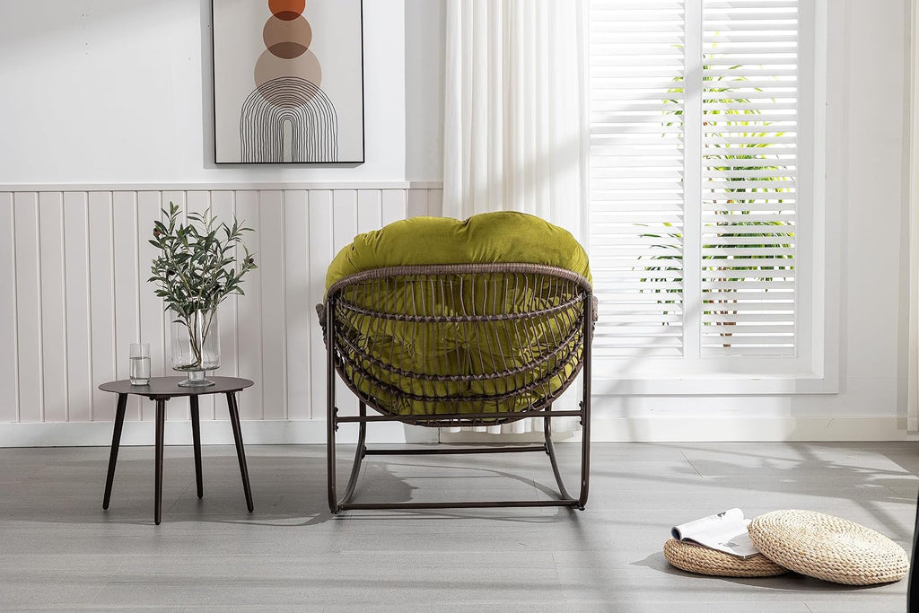 Outdoor Rattan Rocking Chair Oversized Papasan Recliner Lounger, Steel Frame & Thick Olefin Cushion, Indoor/Outdoor Use for Patio, Porch, Backyard, Garden, Balcony, Olive Green