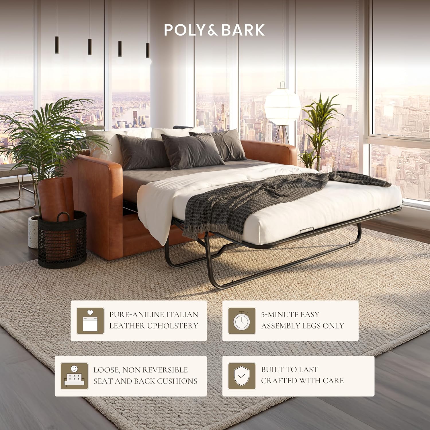 POLY & BARK Napa 82' Leather Pull‑Out Sleeper Sofa – Full‑Grain Italian Leather Upholstery,Tri‑Layer Mattress & Storage Console –Sophisticated Multi‑Functional Sofa Bed for Living Rooms & Guest Spaces