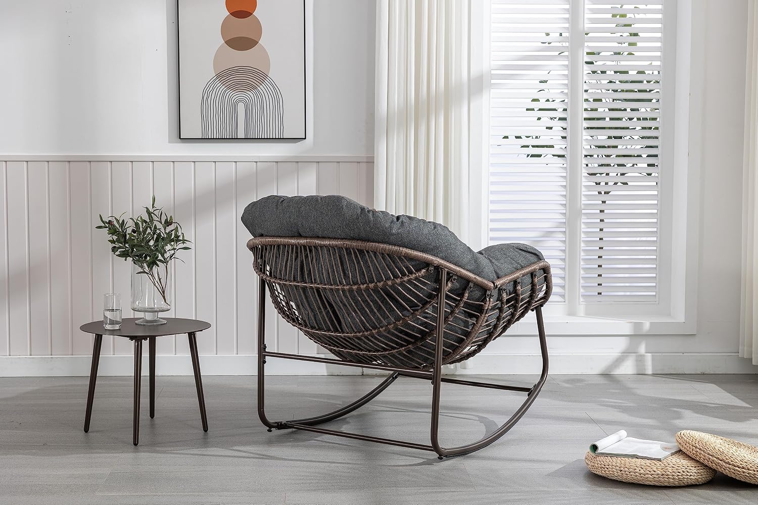 Outdoor Rattan Rocking Chair Oversized Papasan Recliner Lounger, Steel Frame & Thick Olefin Cushion, Indoor/Outdoor Use for Patio, Porch, Backyard, Garden, Balcony, Grey