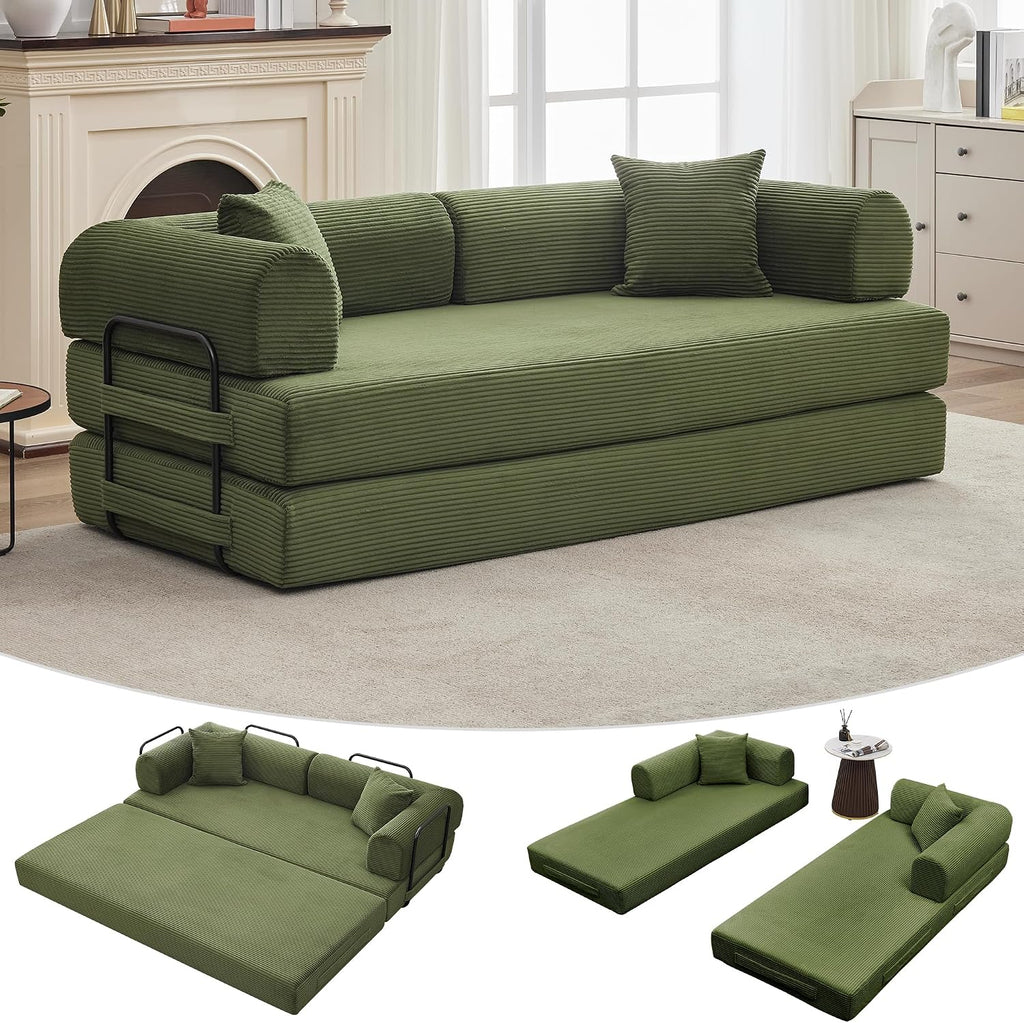 GarveeHome 79' Convertible Sleeper Sofa Bed Couch, 4-in-1 Boneless Corduroy Folding Sofa Bed with Pillow & Fixed-Shape, Floor Mattress Couch Loveseat for Living Room Apartments - No Assembly, Green