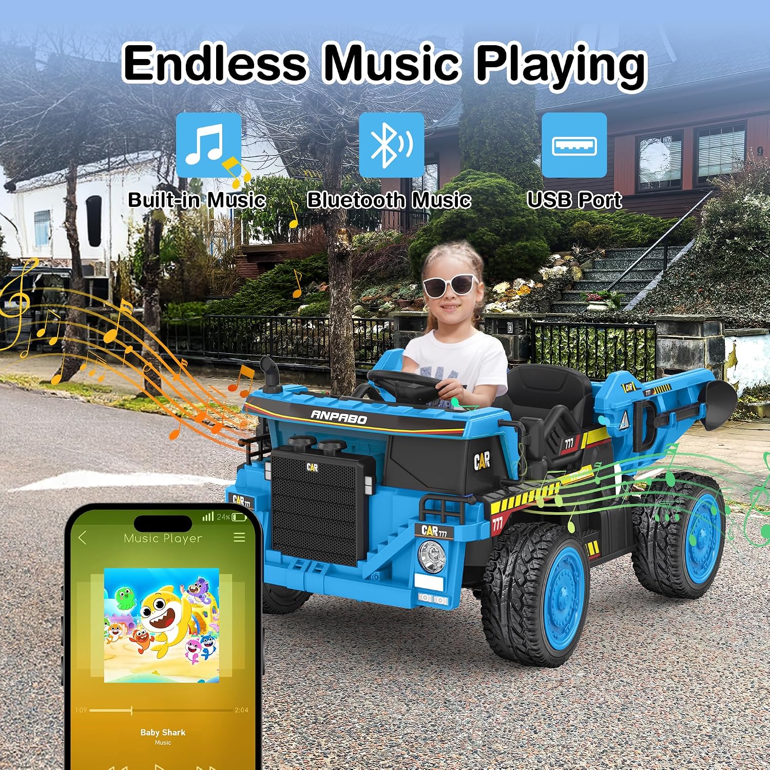ANPABO 24V Ride On Dump Truck, 2X75W Powerful Motors, Up to 4.4Mph, EVA Tires, Construction Vehicle w/Electric Dump Bed and Extra Shovel, 19' Spacious 2 Seater, Kids Car w/Parent Remote -Blue