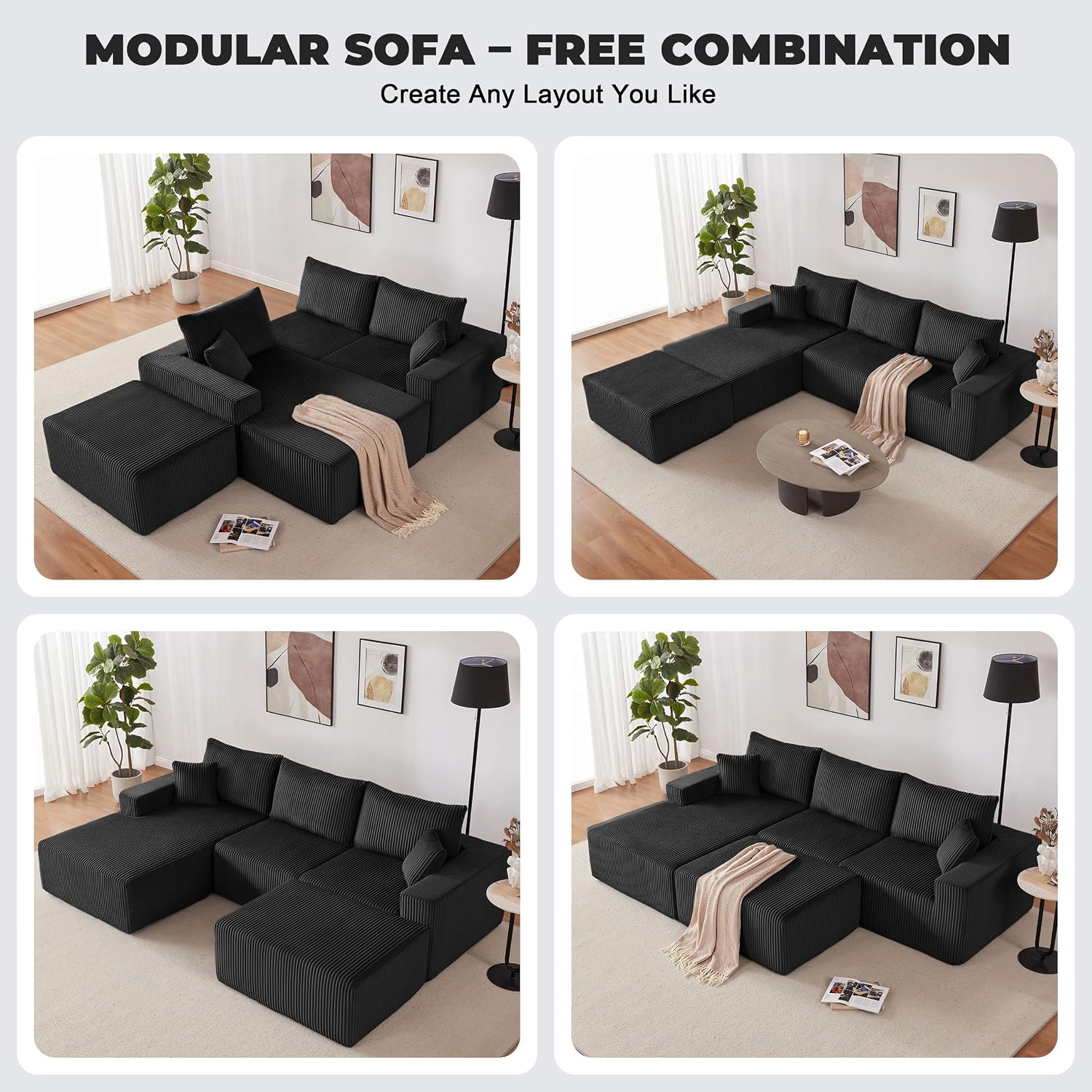 Weture 108' Modular Sectional Sofa, Cloud Sectional Couch with Deep Seat, Upholstered Boneless Couches for Living Room Bedroom, Modern Modular U-Shape Sofa Couch with Chaise, 5Seat, Black