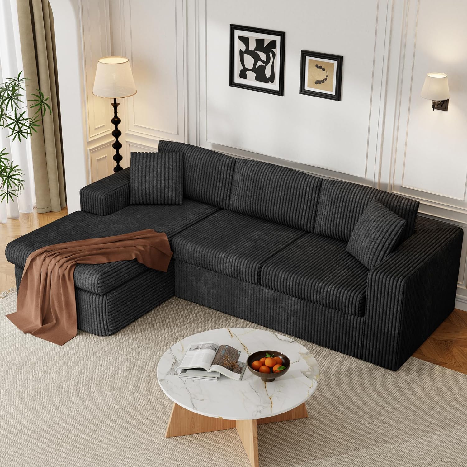 JAMFLY 105' Boneless Couches for Living Room Modular Sectional Sofa L-Shape Couch with Oversized Chaise, Cloud Couch Deep Seat Memory Foam Upholstered for Bedroom, Plush Corduroy Fabric,Night Black