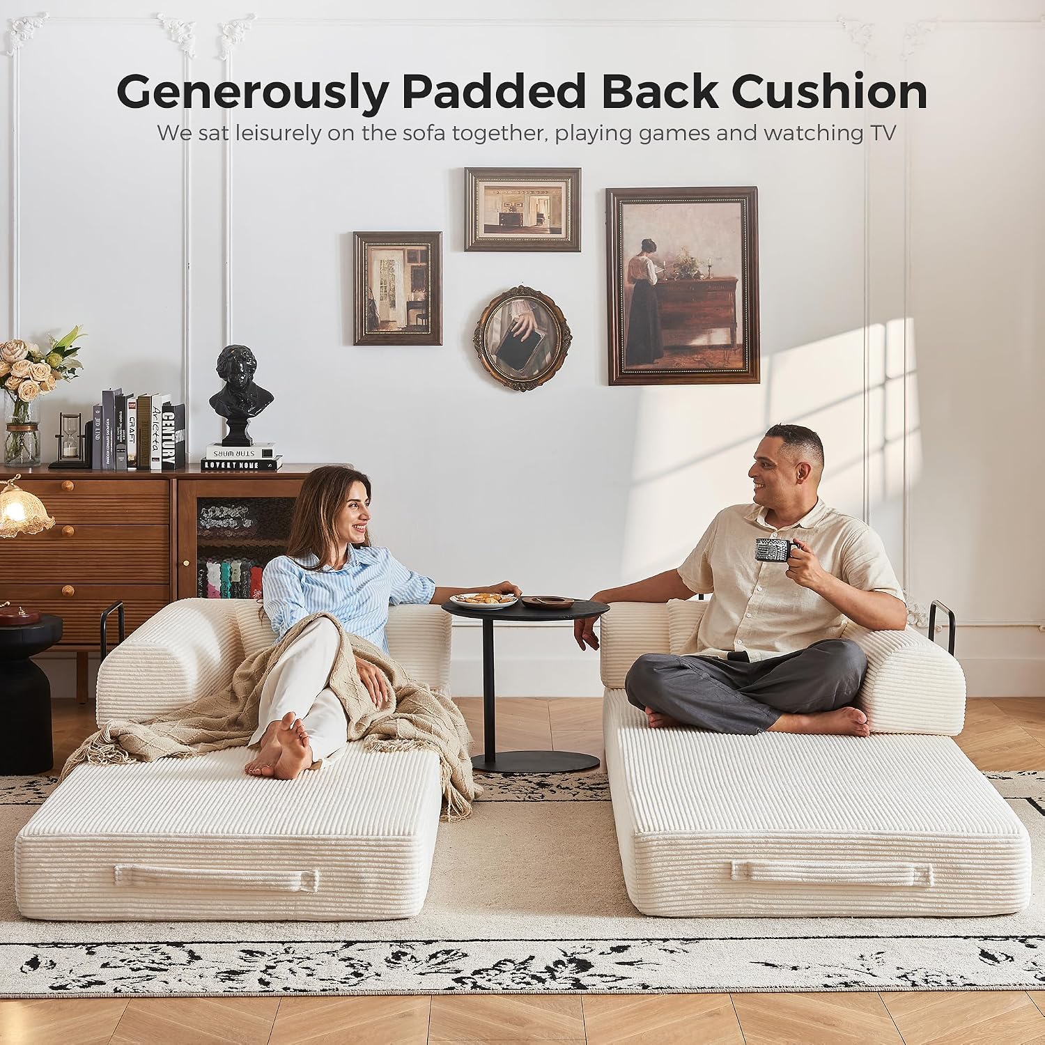 79' Convertible Sofa Bed No Assembly, 5-in-1 Sleeper with Fixed Frame & Corduroy Cloud Cushion, Foldable Futon Couch for Small Apartment, Guest Room, Office (Beige White)