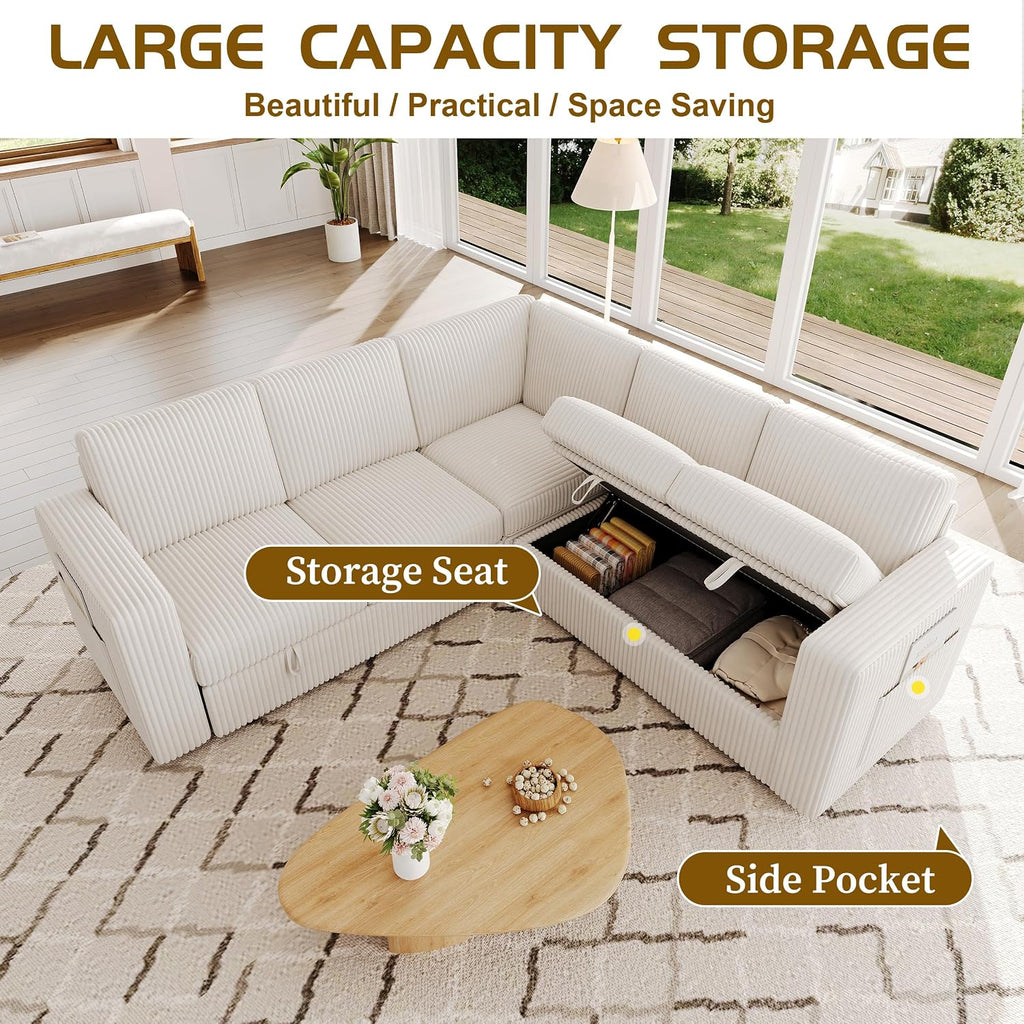 83.5' Sectional Sleeper Sofa with Pull Out Couch, Modern 5 Seat L Shaped Modular Couch, Sectionals Modular Sofa with Storage, Comfy Corduroy Couches Sectional for Living Room & Apartment, Beige