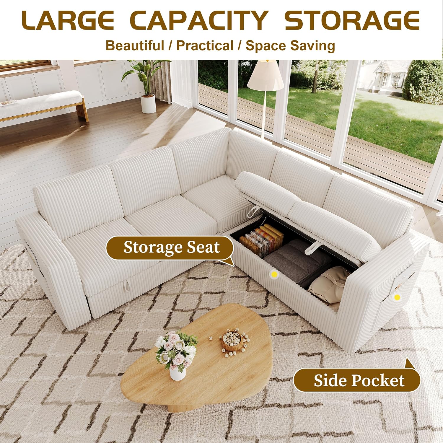 83.5' Sectional Sleeper Sofa with Pull Out Couch, Modern 5 Seat L Shaped Modular Couch, Sectionals Modular Sofa with Storage, Comfy Corduroy Couches Sectional for Living Room & Apartment, Beige