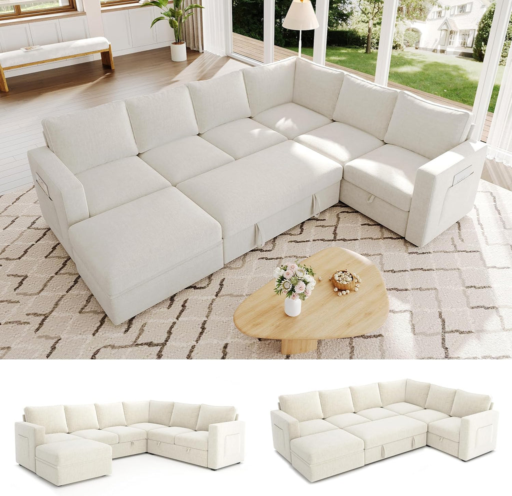106.7' Sectional Sleeper Sofa with Pull Out Couch, Modern 7 Seat U Shaped Modular Couch, Sectionals Modular Sofa with Storage, Comfy Sectional Couches for Living Room & Apartment, Light Beige