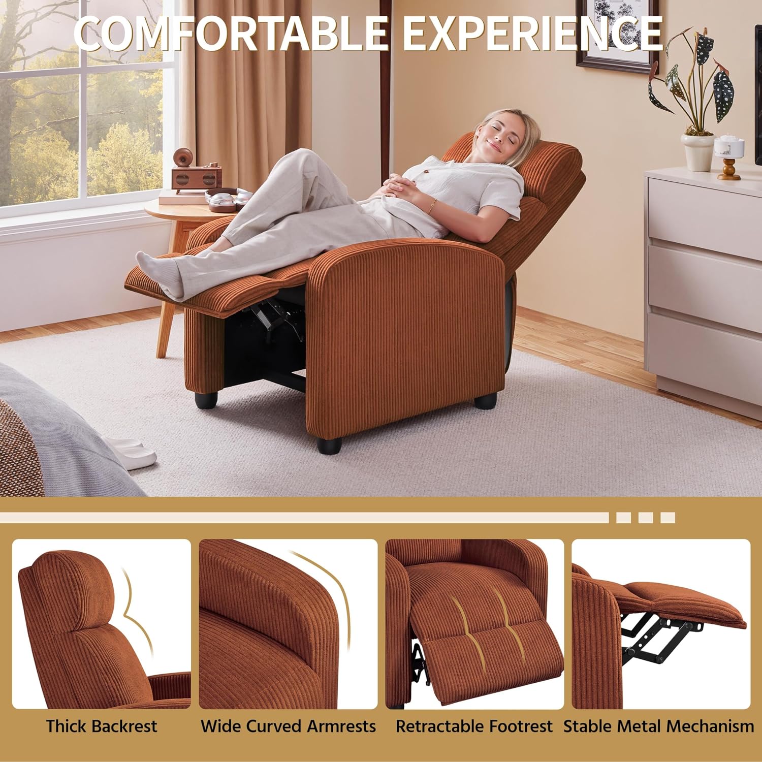 Yaheetech Corduroy Recliner Chair Single Sofa Home Theater Seating Adjustable Modern Reclining Chair for Living Room Bedroom Home Theater Brick Red