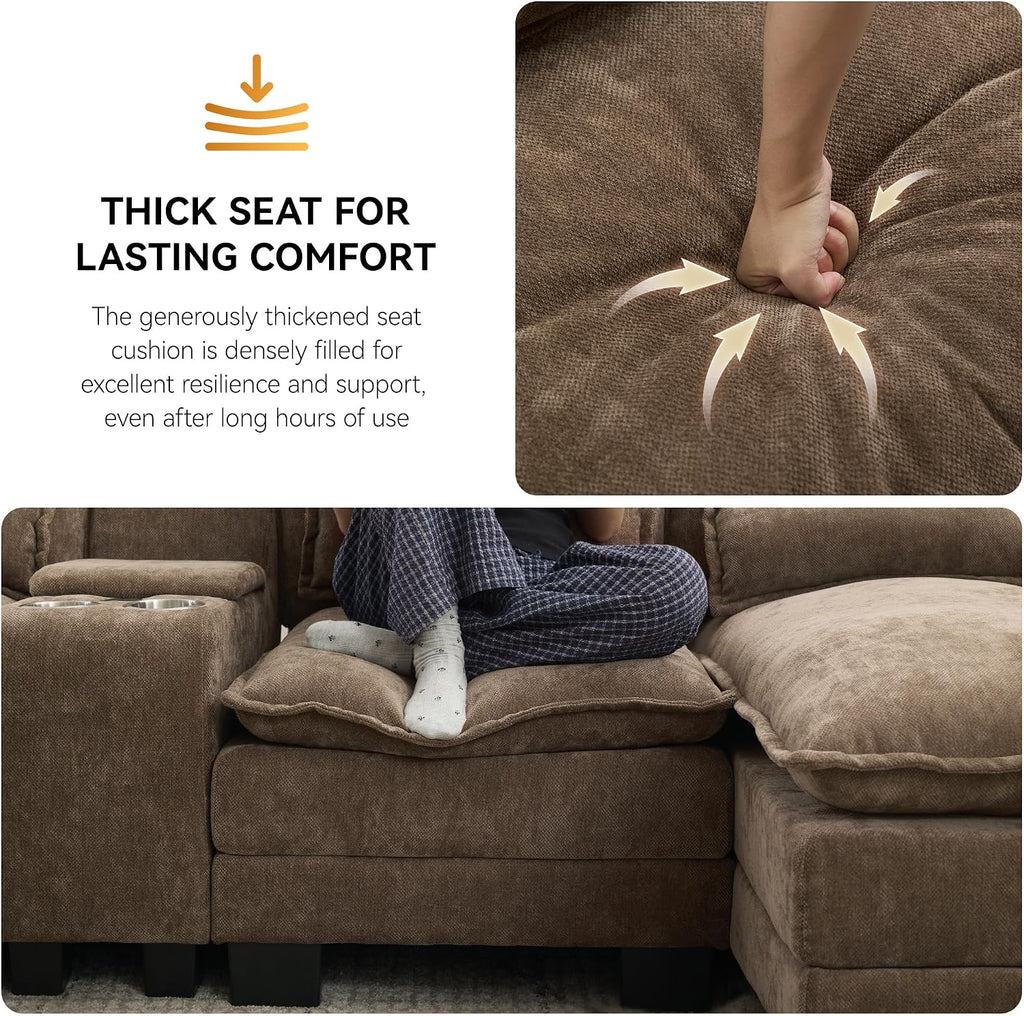 125'' U Shaped Cloud Modular Sofa with Chaise Lounges, Chenille Upholstered Comfy Sectional Couch with Storage Console, USB Charging Ports & Cup Holders, Small Deep Seat Sofa for Living Room, Brown