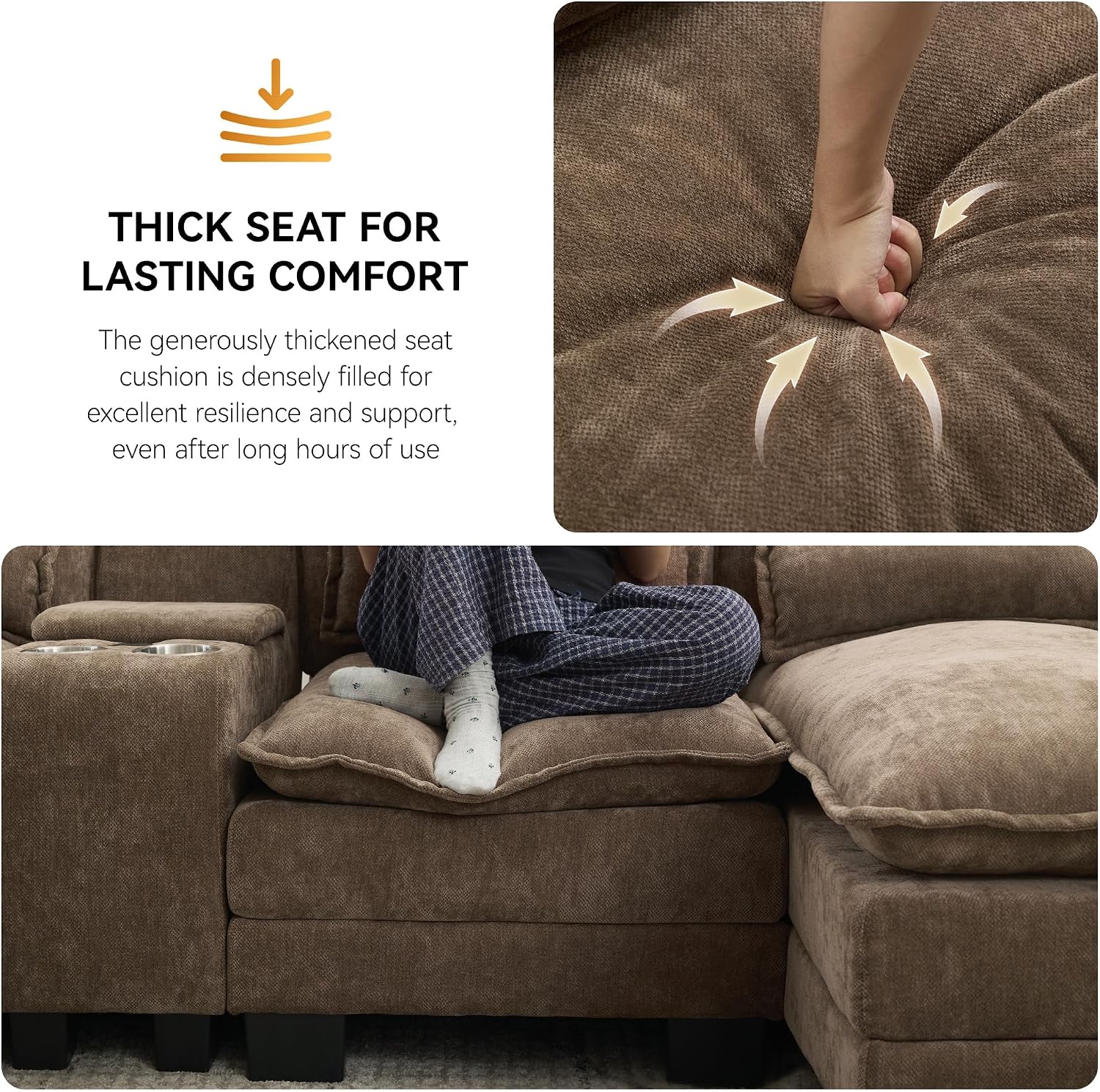 125'' U Shaped Cloud Modular Sofa with Chaise Lounges, Chenille Upholstered Comfy Sectional Couch with Storage Console, USB Charging Ports & Cup Holders, Small Deep Seat Sofa for Living Room, Brown