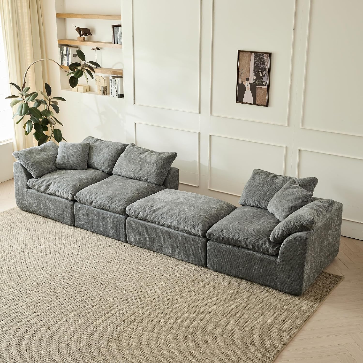 109' Modern Cloud Couches for Living Room, Deep Seat Convertible L-Shape Boneless Couch, Oversized Comfy 3-Seater Couch Chenille Fabric Compression Sofa Bed Modular Sectional Sofa,(Dark Grey)