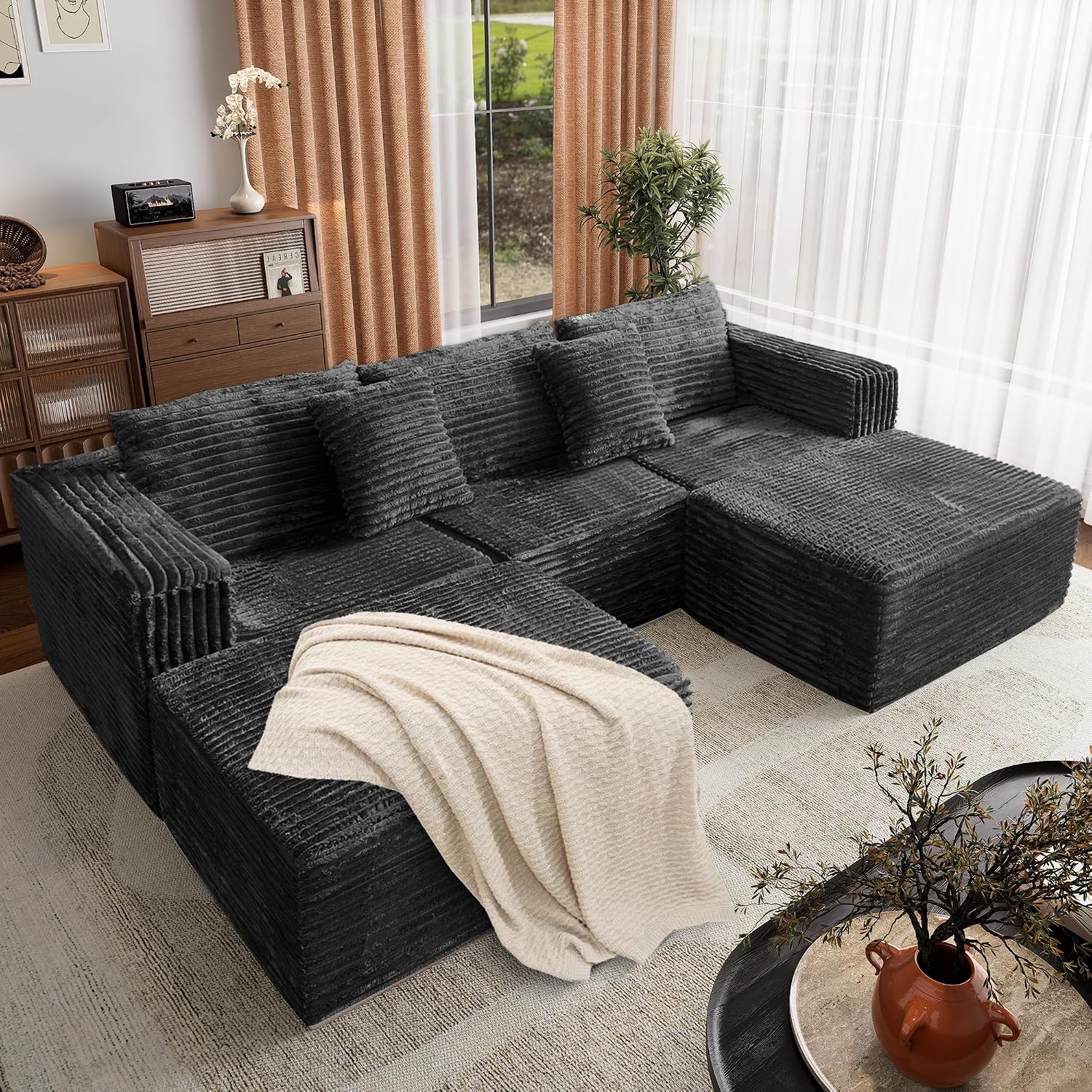 110 Corduroy Modular Sectional Boneless Sofa with 2 Ottomans, Convertible Cloud Couch with Deep Seats, Fluffy Memory Foam U Shaped Couch for Living Room, No Assembly Required (Black)