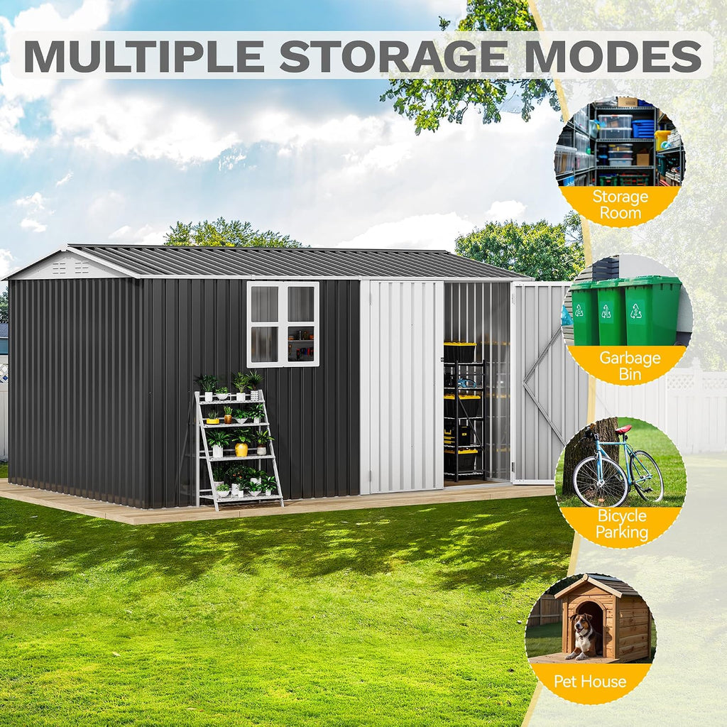DWVO 12x8ft Large Tool Storage Shed with Window, Lockable Doors, and Sloped Roof, Oversized Steel Outdoor Storage Shed for Garden, Patio, Garage, Backyard, Lawn(Gray + White)