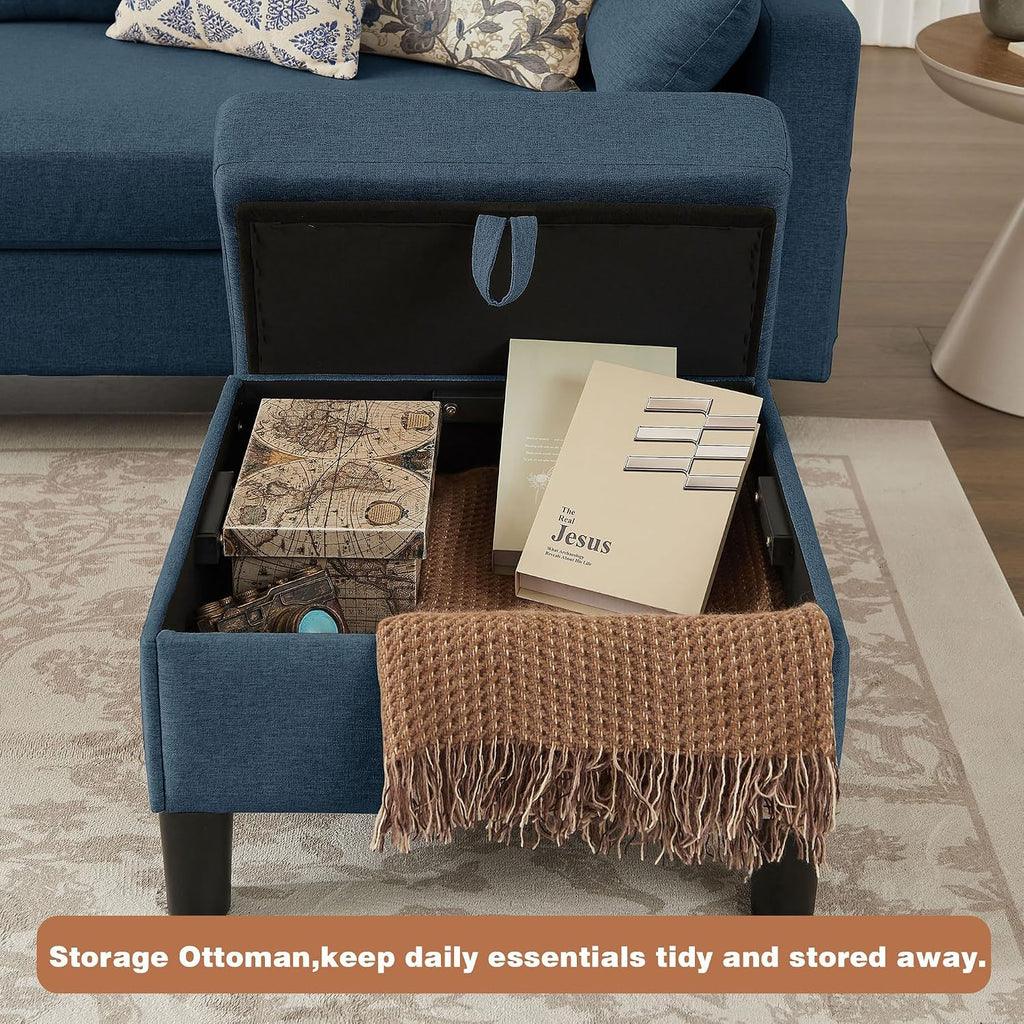 101' Sectional Sofa 4 Seat U Shaped Couch with Storage Ottoman for Living Room, Reception Room ect, Combination Sectional Couch with Movable Ottoman Sets, Blue