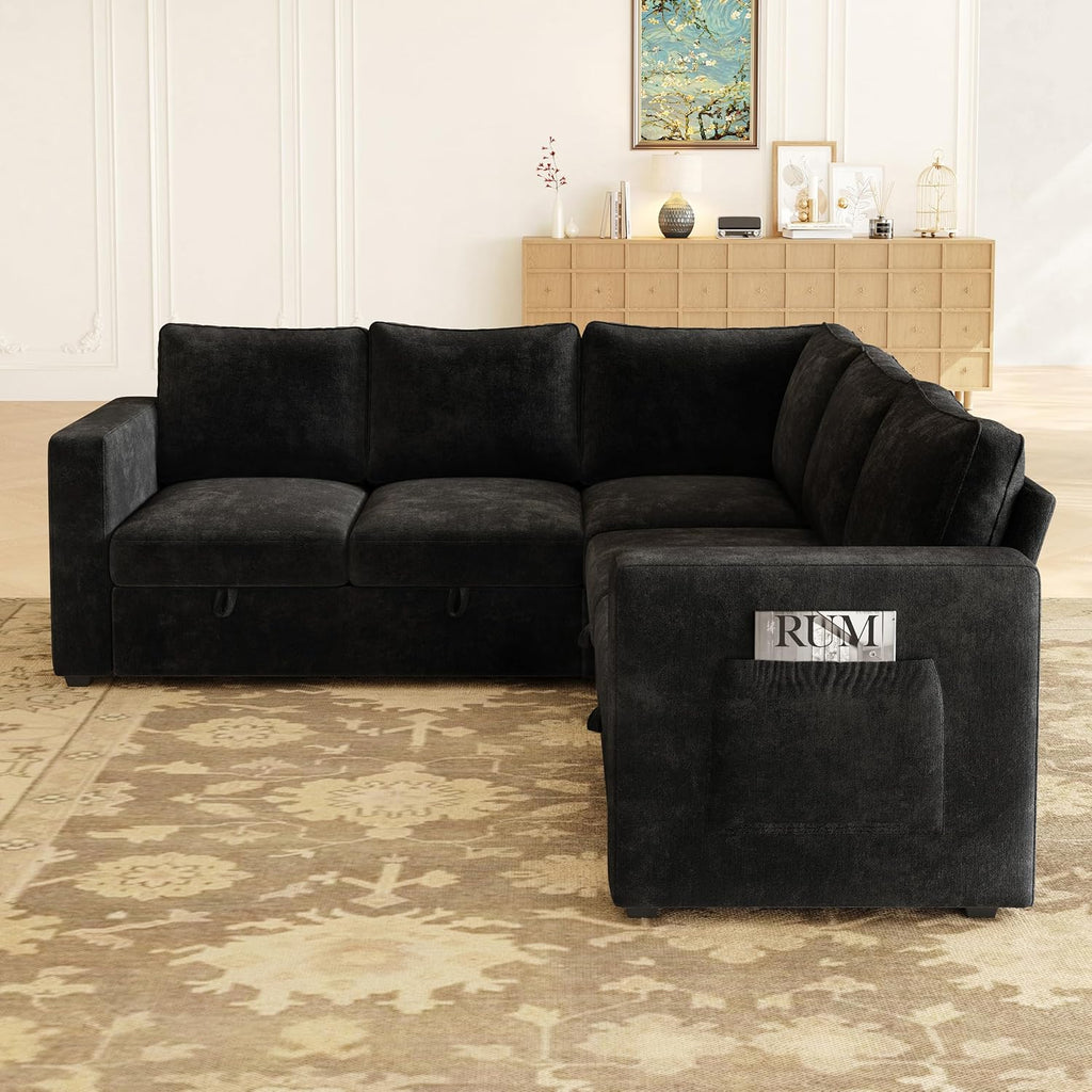 83.5' Sectional Sleeper Sofa with Pull Out Couch, Modern 5 Seat L Shaped Modular Couch, Sectionals Modular Sofa with Storage, Comfy Sectional Couches for Living Room & Apartment, Black
