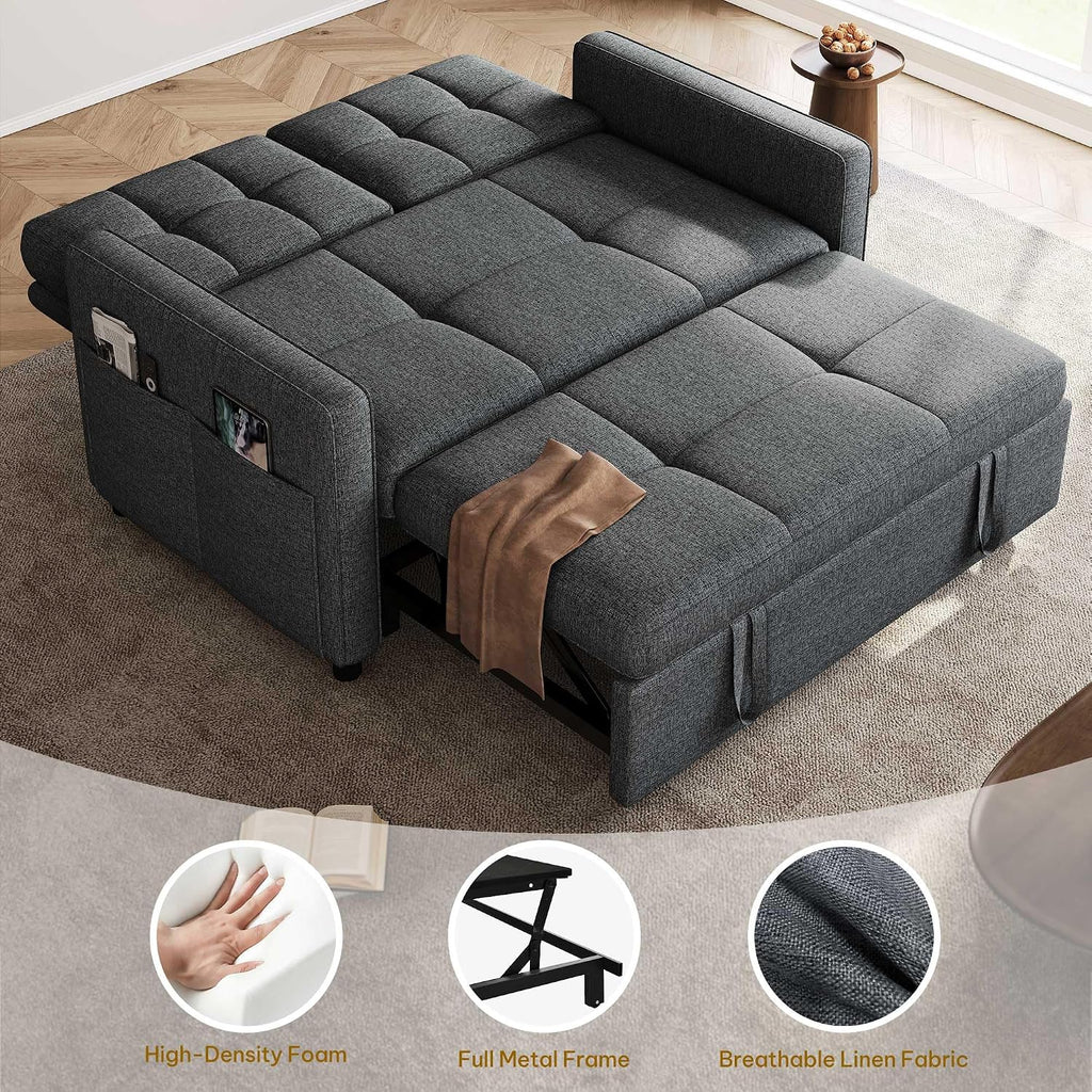 DWVO 55' Convertible Sofa Bed, 3-in-1 Sleeper Sofa with Pull-Out Bed, Linen Futon Couch with Adjustable Backrest and Side Pocket, Modern Loveseat for Living Room Apartment, Grey