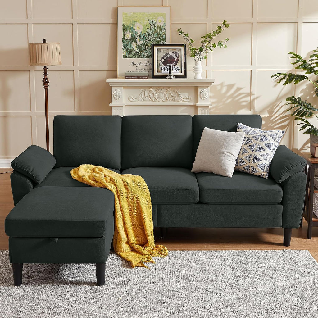 80' Convertible Sectional Sofa, Small L Shaped 3 Seat Couch with Reversible Storage Chaise, Modern Polyester Fabric Sofa Couches for Living Room, Apartment and Small Space, Black