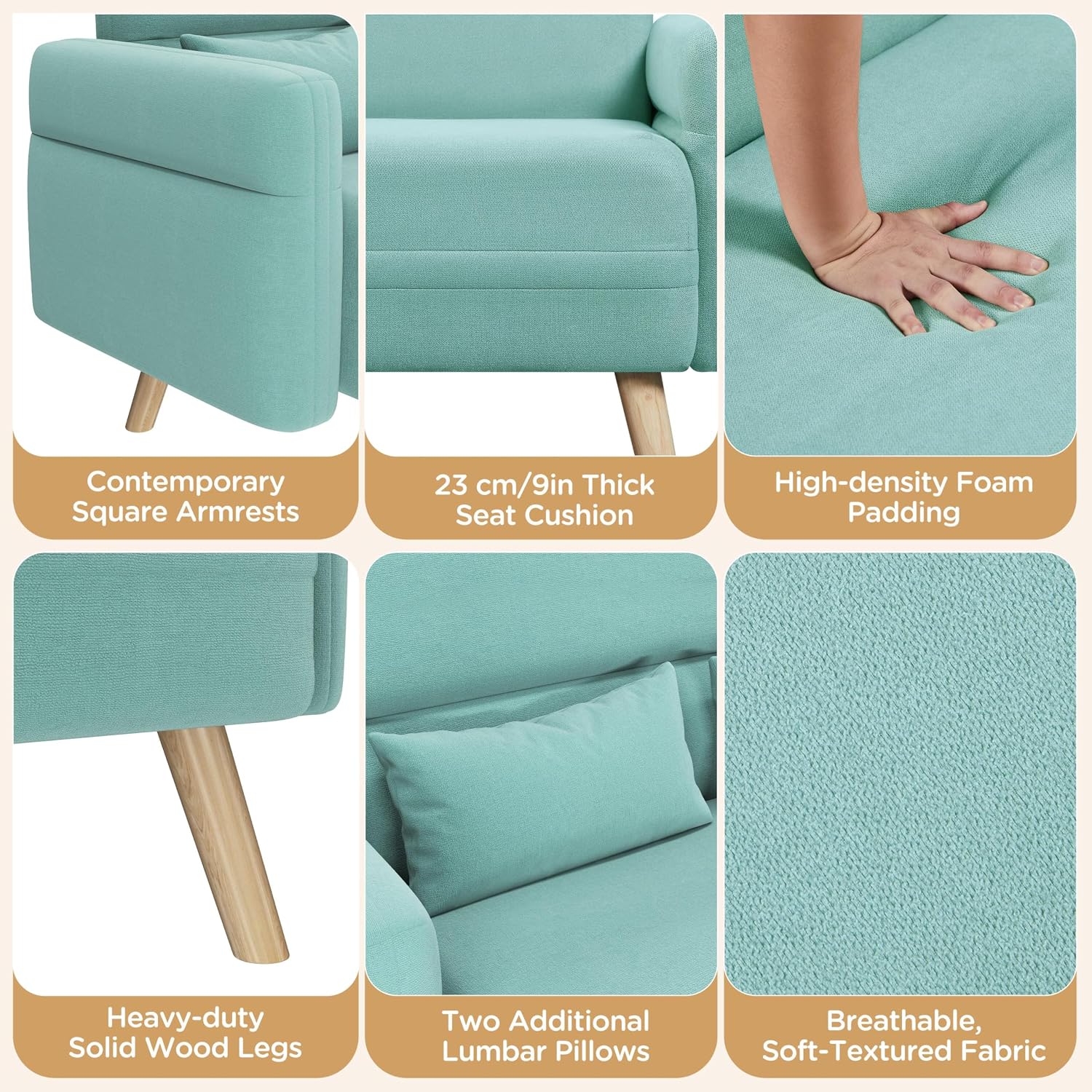 Yaheetech 46' Small Modern Fabric Sofa Loveseat Mid Century 2 Seater Sofa Couch with Lumbar Pillows, Solid Wood Legs for Living Room, Small Space, Dorm, Office, Bedroom, Aquamarine