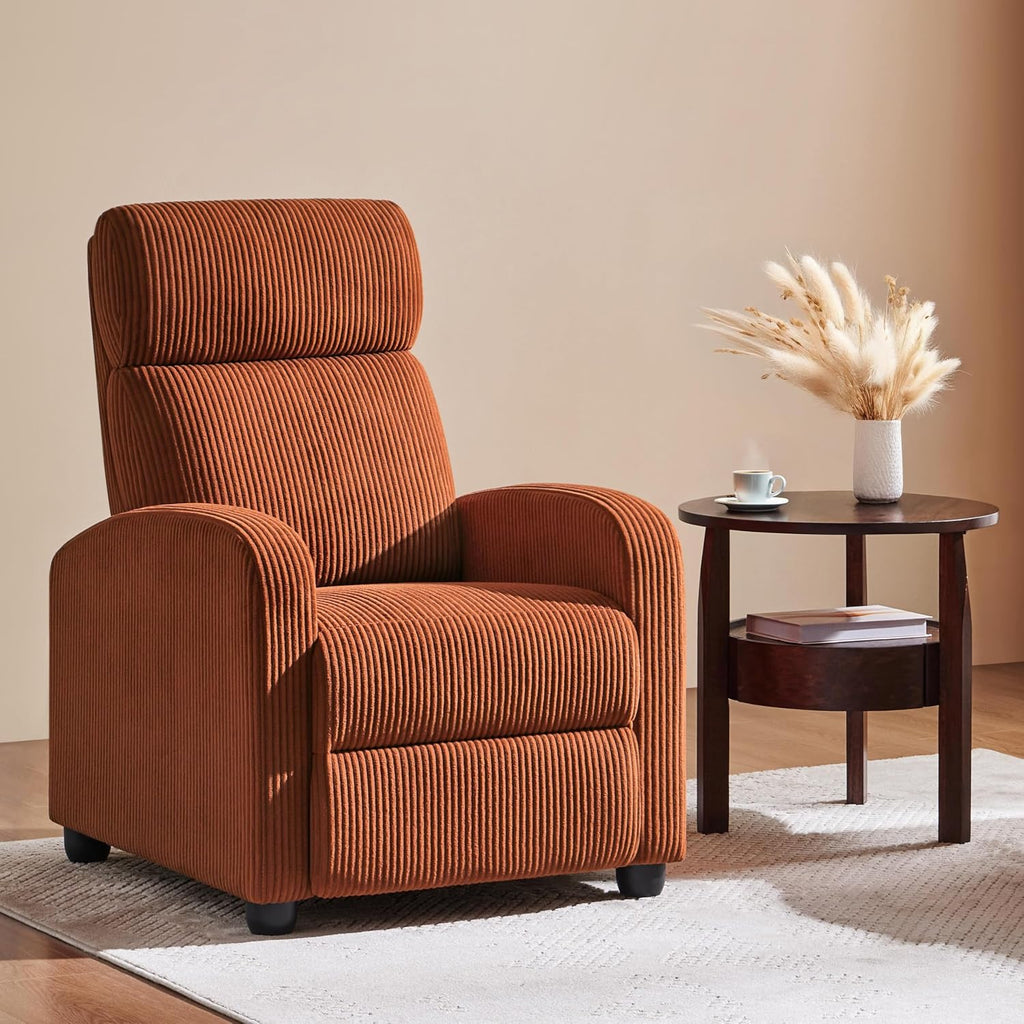 Yaheetech Corduroy Recliner Chair Single Sofa Home Theater Seating Adjustable Modern Reclining Chair for Living Room Bedroom Home Theater Brick Red