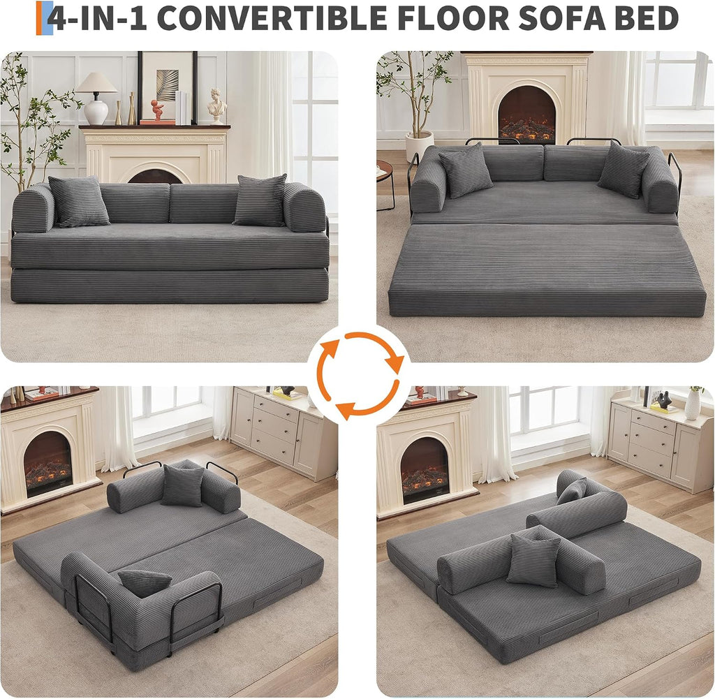 GarveeHome 79' Convertible Sleeper Sofa Bed Couch, 4-in-1 Boneless Corduroy Folding Sofa Bed with Pillow & Fixed-Shape, Floor Mattress Couch Loveseat for Living Room Apartments - No Assembly, Gray