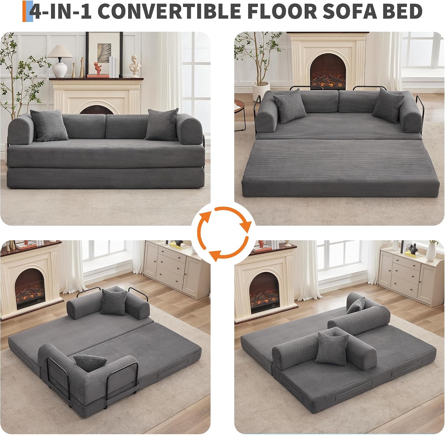 GarveeHome 79' Convertible Sleeper Sofa Bed Couch, 4-in-1 Boneless Corduroy Folding Sofa Bed with Pillow & Fixed-Shape, Floor Mattress Couch Loveseat for Living Room Apartments - No Assembly, Gray