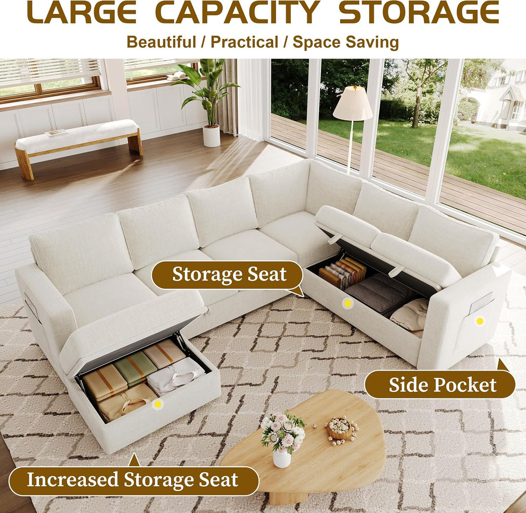 106.7' Sectional Sleeper Sofa with Pull Out Couch, Modern 7 Seat U Shaped Modular Couch, Sectionals Modular Sofa with Storage, Comfy Sectional Couches for Living Room & Apartment, Light Beige