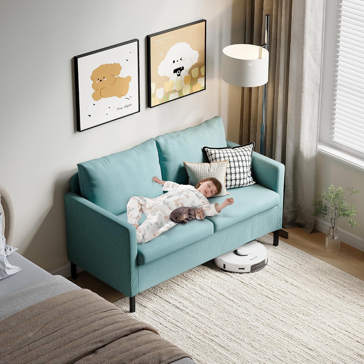 TYBOATLE 51' W Linen Fabric Upholstered Modern Loveseat Sofa Couch for Living Room, Love Seats 2-Seater Furniture w/Iron Legs for Compact Space, Apartment, Bedroom, Dorm, Office, Aqua Blue