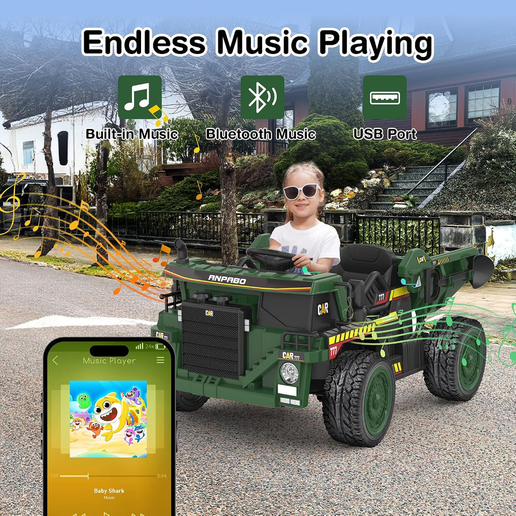 ANPABO 24V Ride On Dump Truck, 2X75W Powerful Motors, Up to 4.4Mph, EVA Tires, Construction Vehicle w/Electric Dump Bed and Extra Shovel, 19' Spacious 2 Seater, Kids Car w/Parent Remote -DarkGreen
