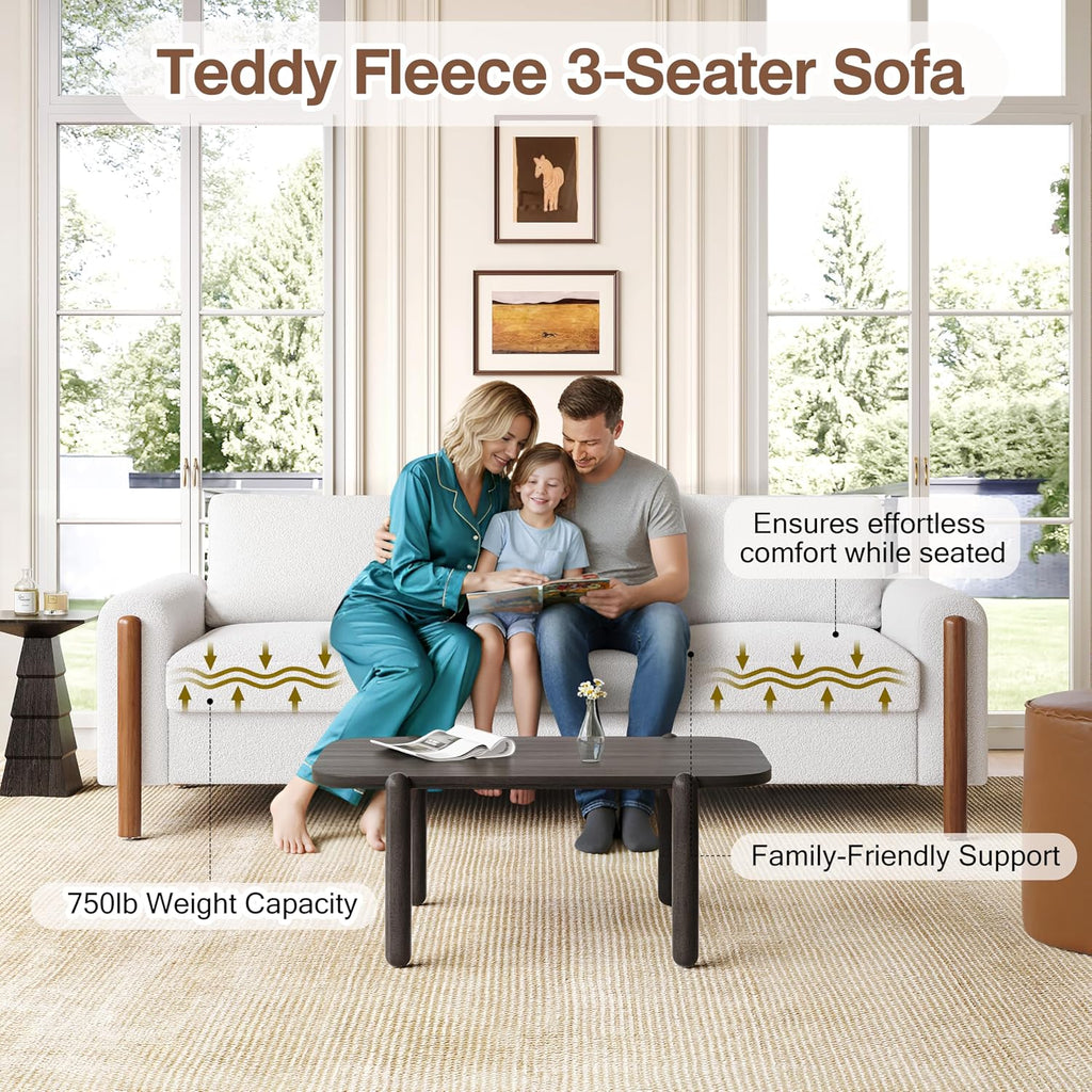 Christopher Knight Home Yadil Teddy Fleece Upholstered 3 Seater Sofa Couch, Wooden Home Sofa Living Room, Comfy Cloud Couch for Bedroom, Home Office, Cream White