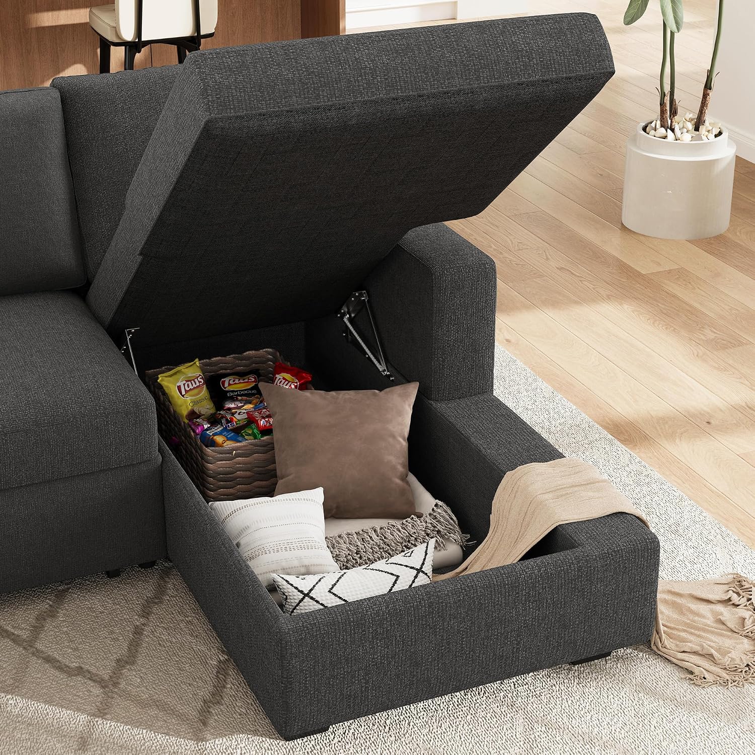 HONBAY Sectional Sleeper Sofa with Pull-Out Bed Storage Chaise, 6 Seater Couch for Living Room, Middle Grey