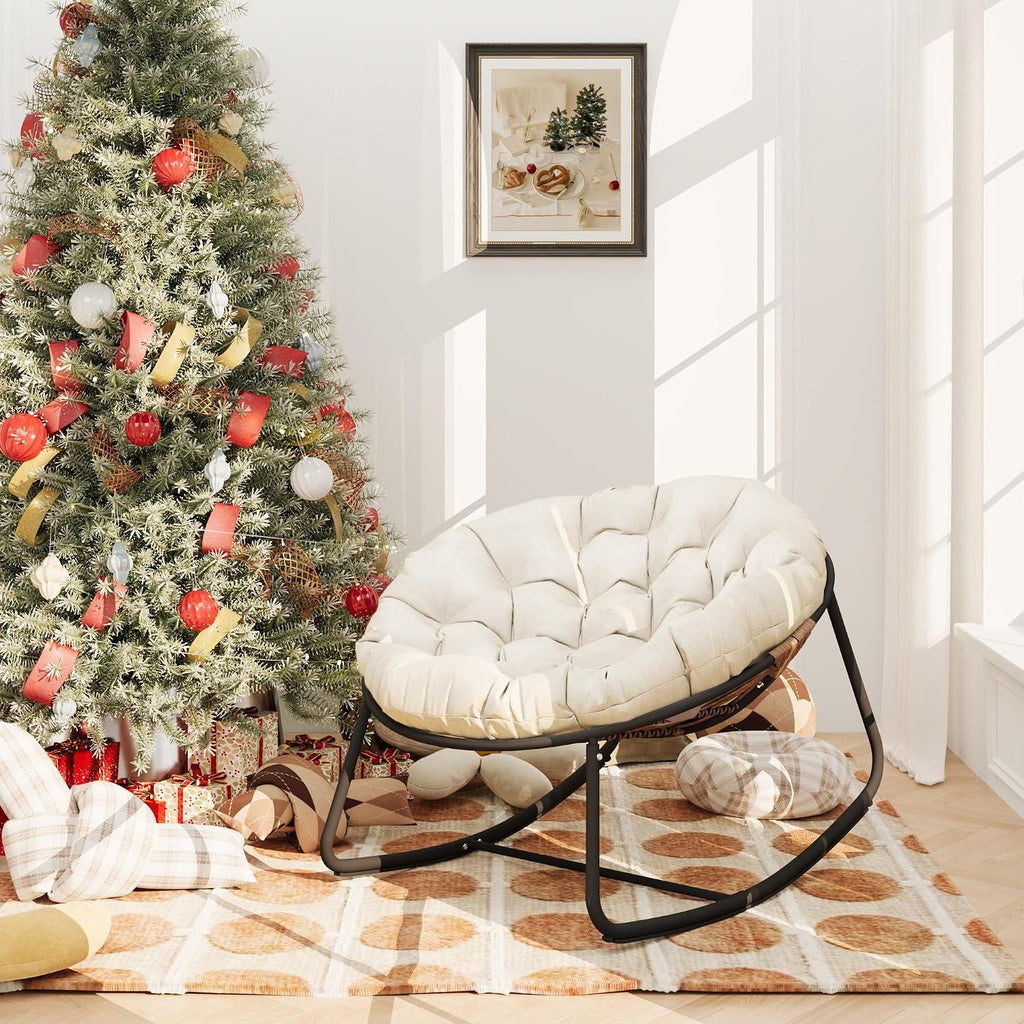 Outdoor Rocking Chair, Indoor & Outdoor Comfy Oversized Papasan Chair with Padded Cushion, Oversized Metal Frame Egg Chair for Living Room, Patio, Front Porch, Backyard