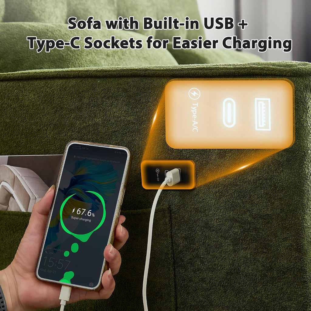 Convertible Sofa Bed, 3 in 1 Pull Out Couch, Loveseat Sleeper with Side Pocket, Living Room Sofa with Adjustable Backrest | USB Charging Port | Two Pillows | Fabric | Green Couch
