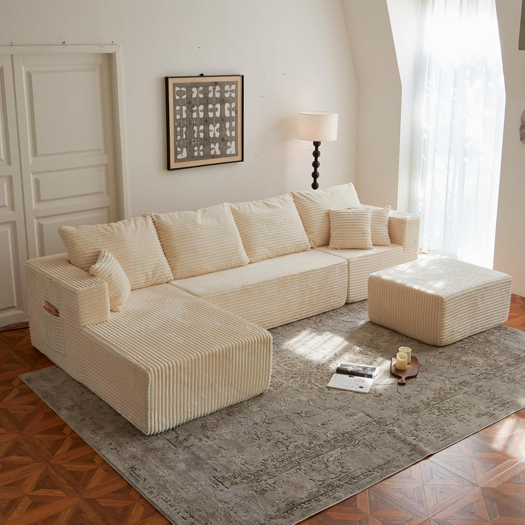 133' Modular Sectional Sleeper Sofa, Modern Cloud Sectional Sofa Couch with Ottoman and Storage, U Shape Boneless Couches for Living Room, Free Combination, No Assembly Required,Beige