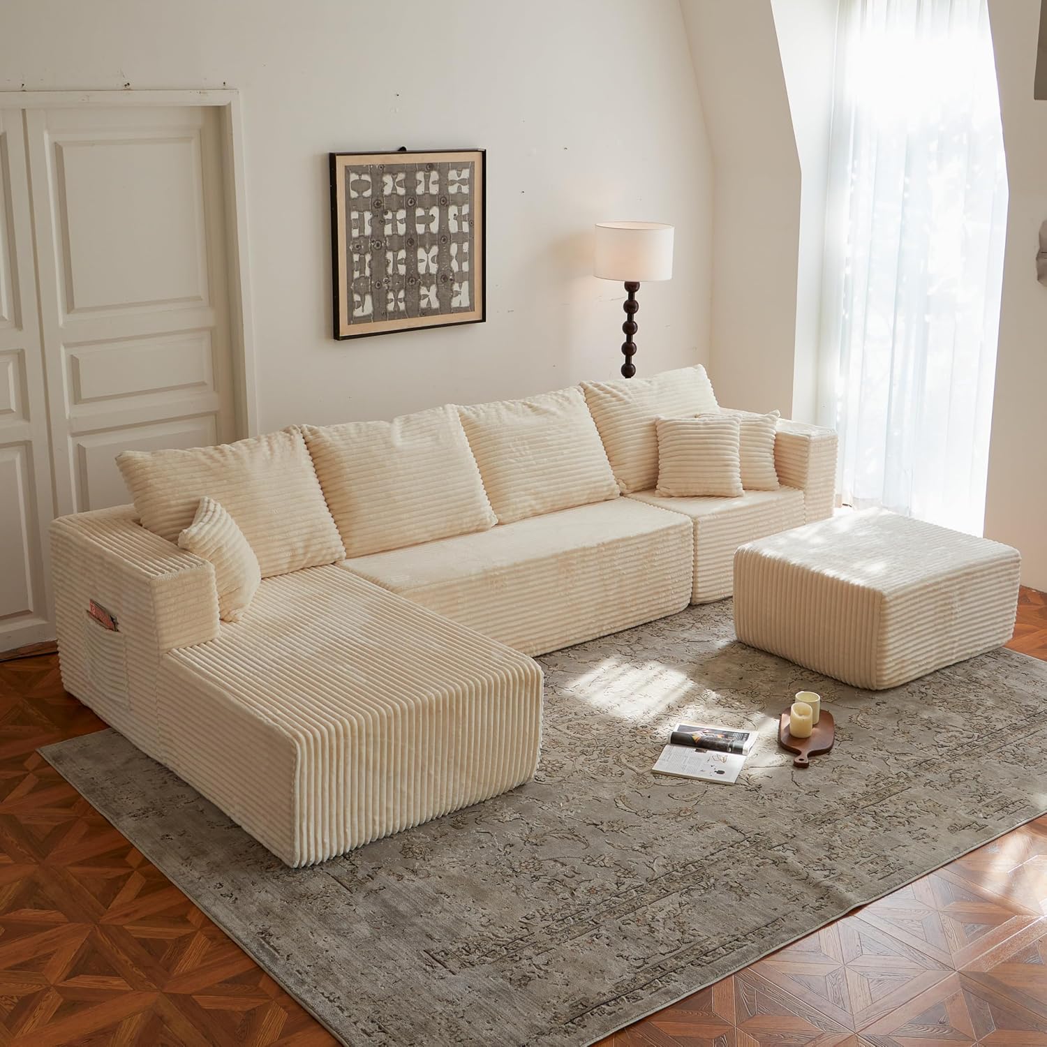 133' Modular Sectional Sleeper Sofa, Modern Cloud Sectional Sofa Couch with Ottoman and Storage, U Shape Boneless Couches for Living Room, Free Combination, No Assembly Required,Beige