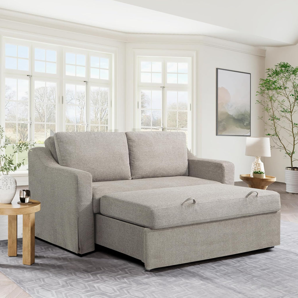 Serta Hawthorne 66.1' Slipcovered Convertible Sleeper Loveseat, Full Size, Dreamcoil Comfort, FingerGuard Pinch Point Protection, Polyester Tweed Fabric, Flax