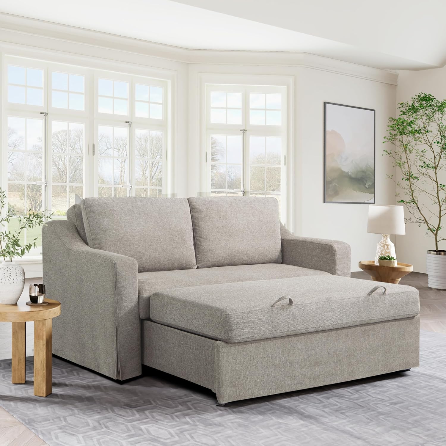 Serta Hawthorne 66.1' Slipcovered Convertible Sleeper Loveseat, Full Size, Dreamcoil Comfort, FingerGuard Pinch Point Protection, Polyester Tweed Fabric, Flax